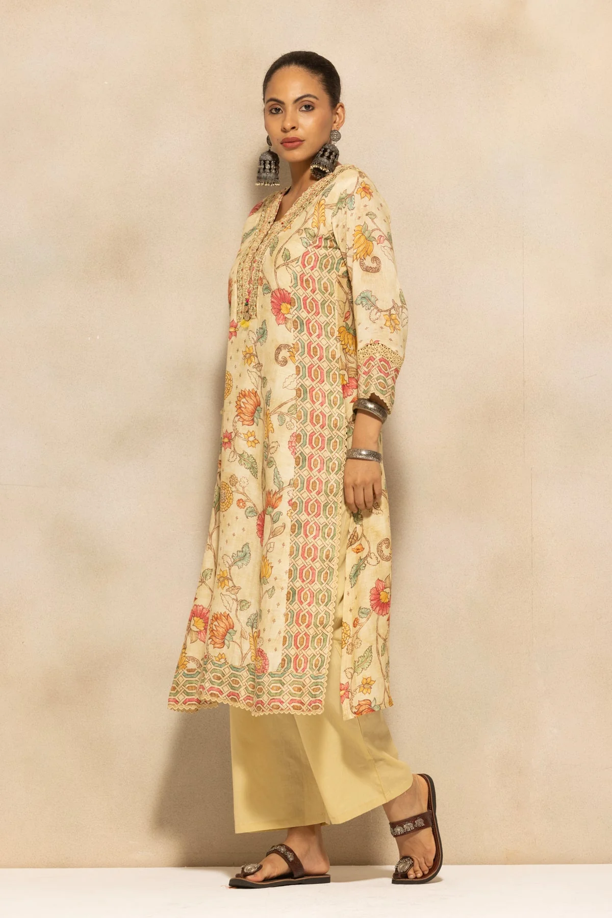 Beige Embellished A-line Kurta 3 Pcs Set - Image 2