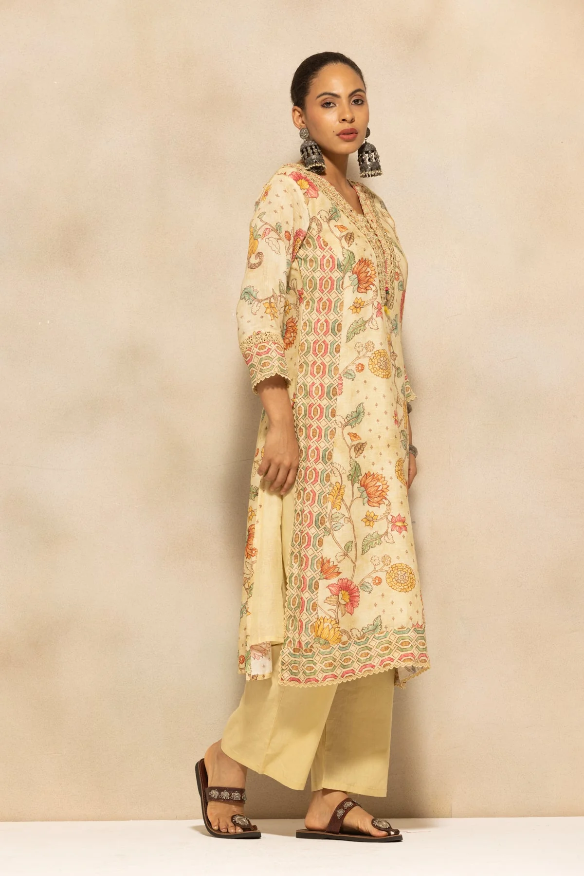 Beige Embellished A-line Kurta 3 Pcs Set - Image 3