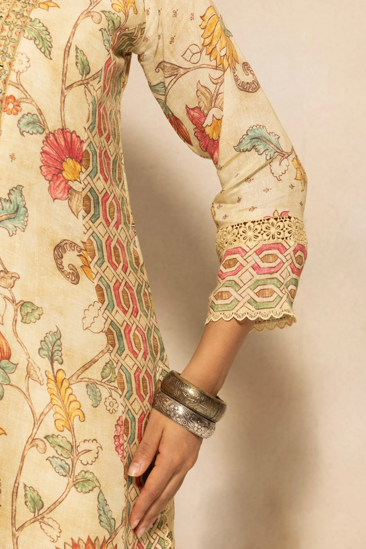 Beige Embellished A-line Kurta 3 Pcs Set - Image 6