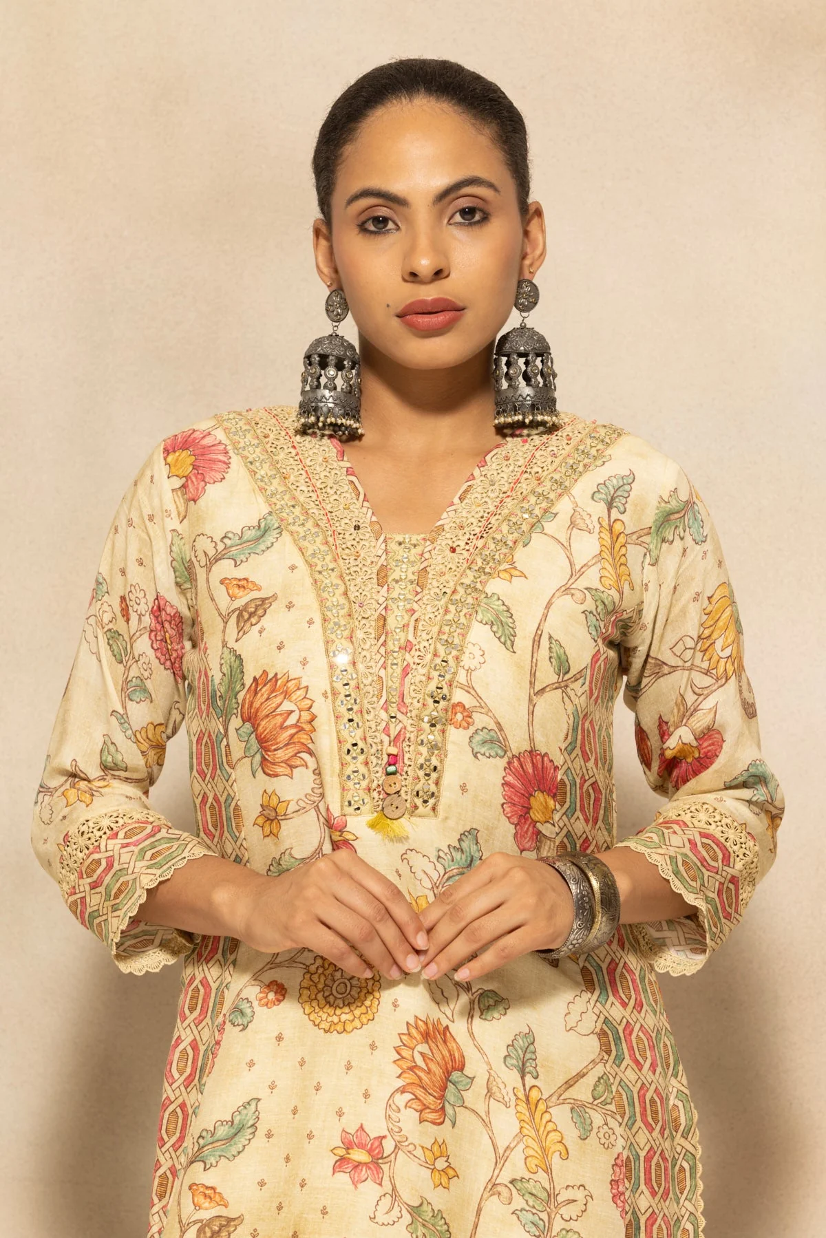 Beige Embellished A-line Kurta 3 Pcs Set - Image 7