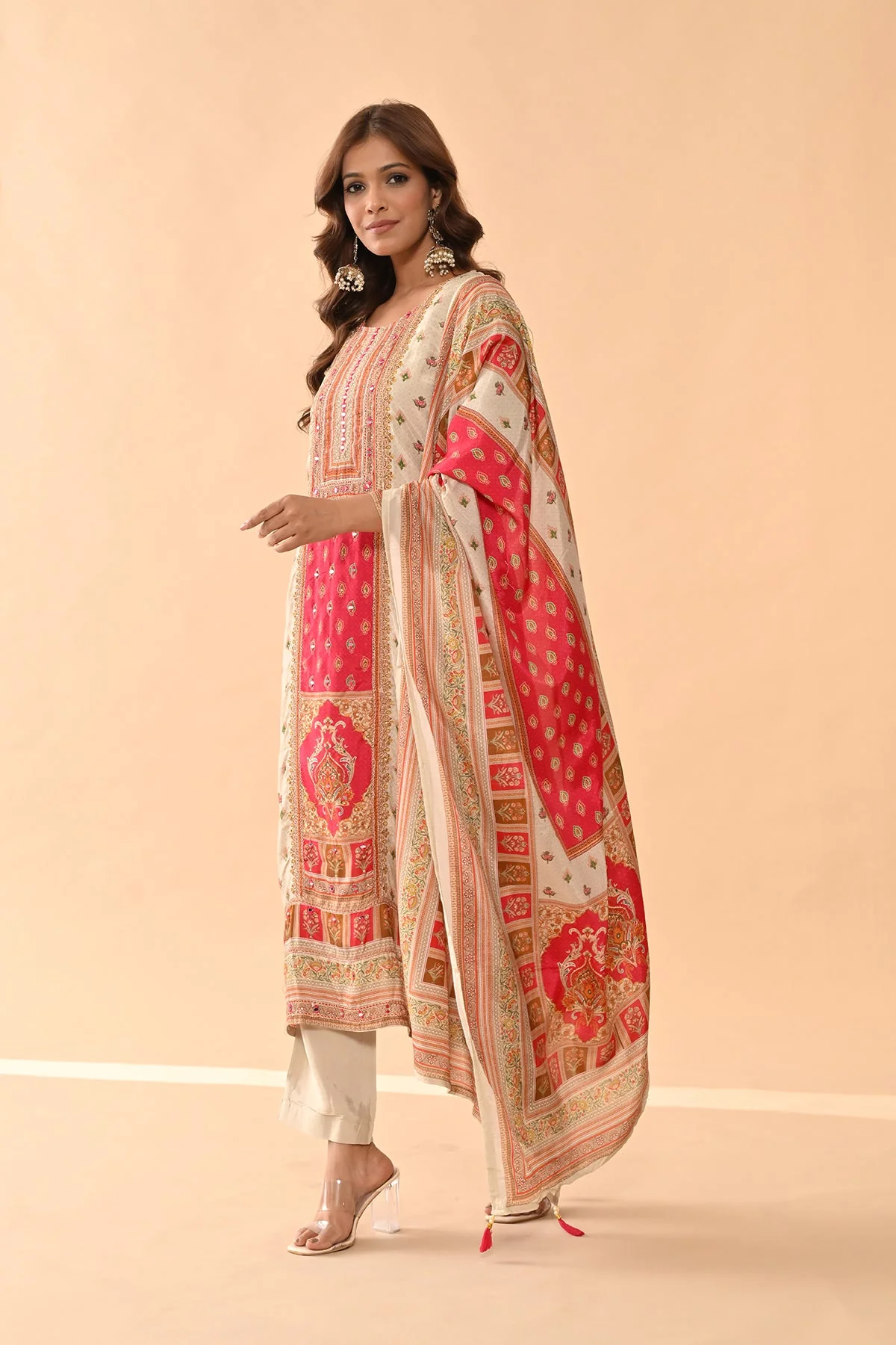 Beige Embellished Kurta 3 Pcs Set - Image 3