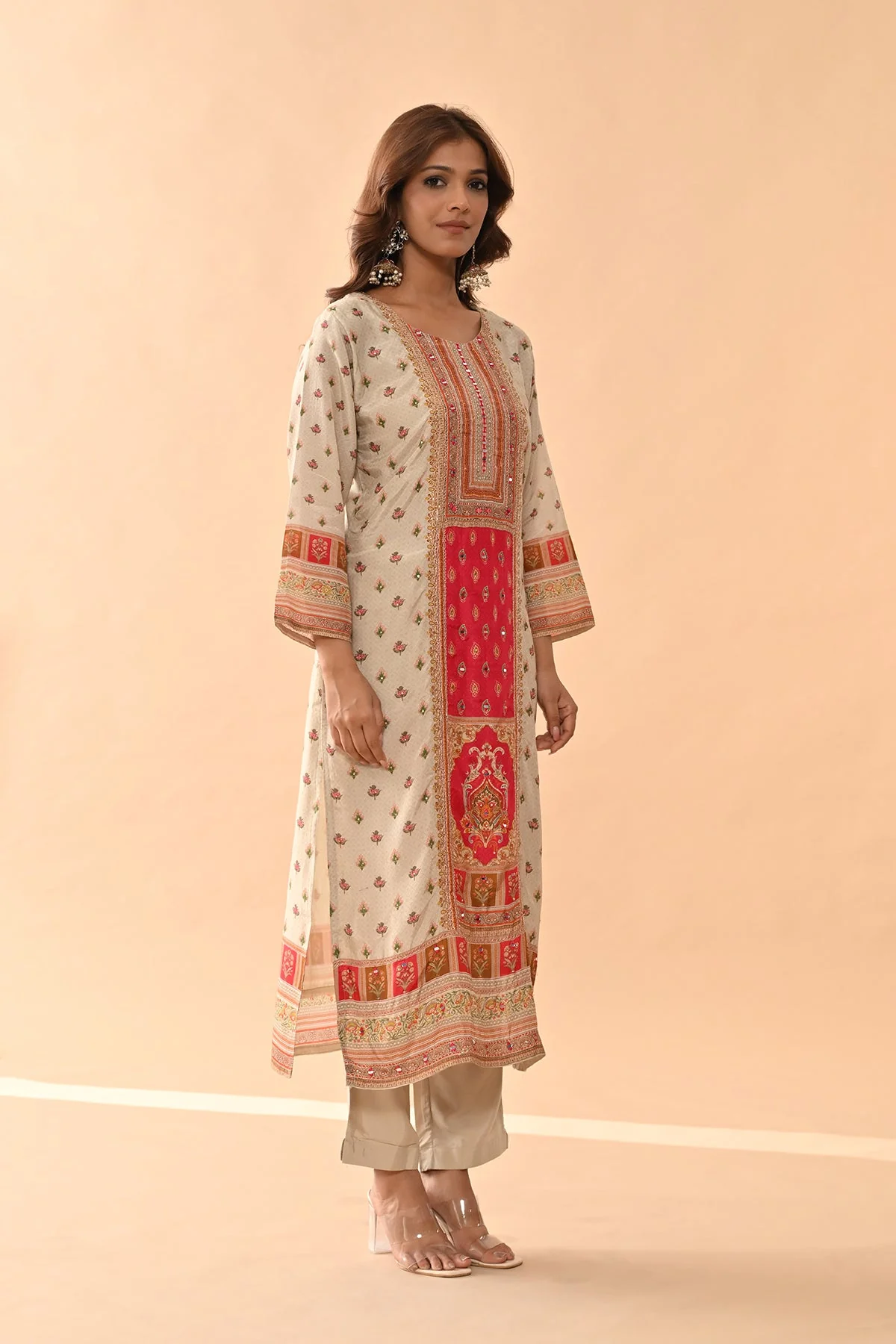 Beige Embellished Kurta 3 Pcs Set - Image 4