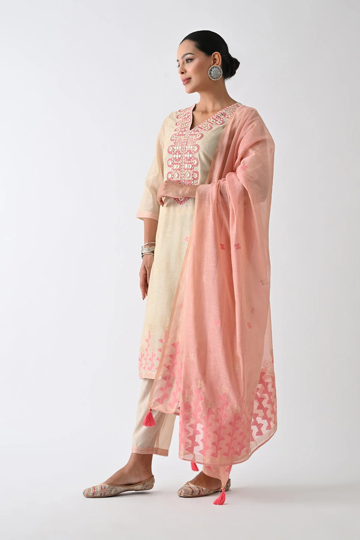 Beige Embellished Kurta 3 Pcs Set - Image 2