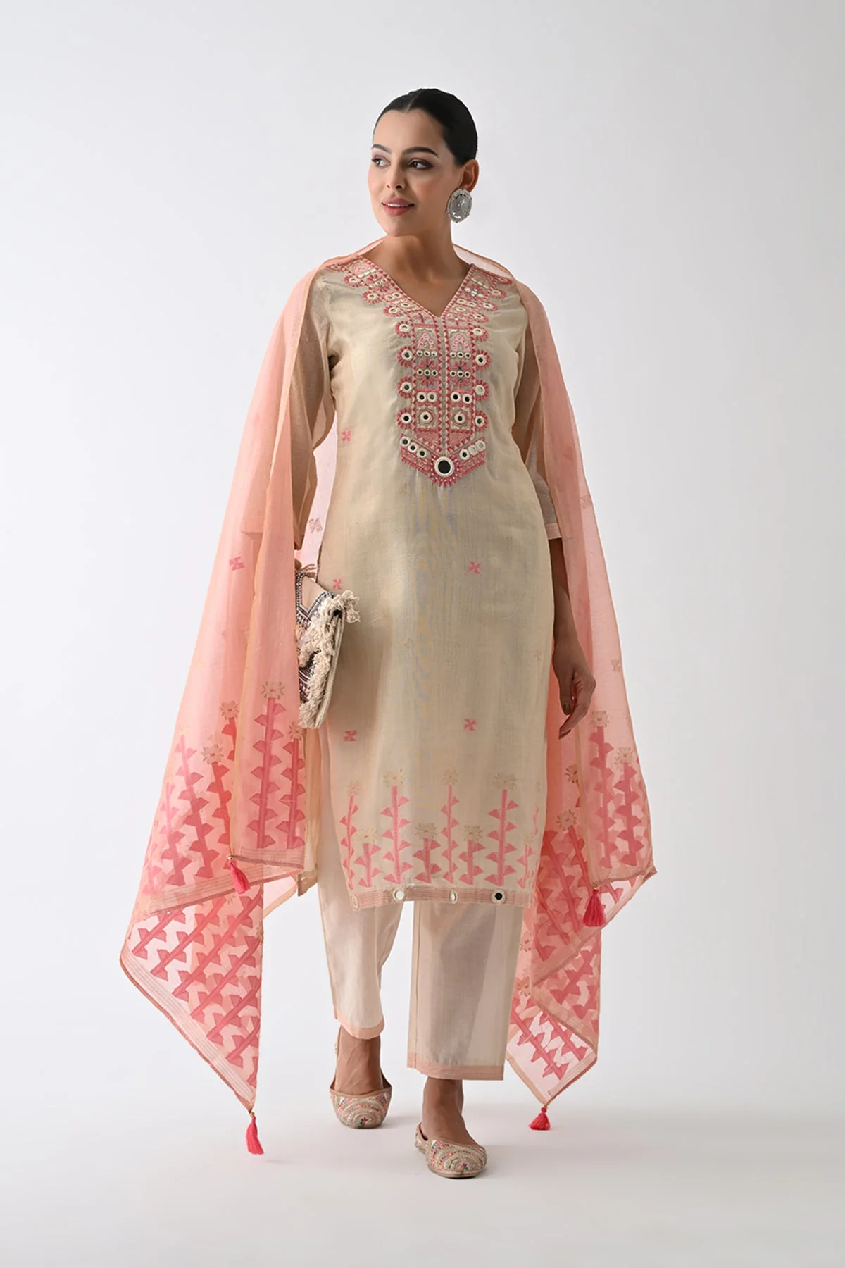 Beige Embellished Kurta 3 Pcs Set - Image 6