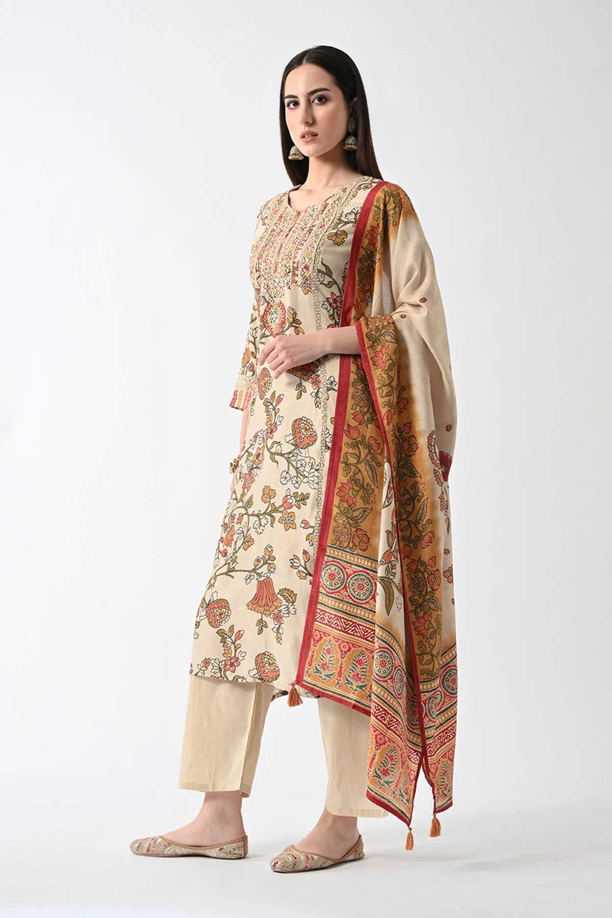 Beige Embellished Kurta 3 Pcs Set - Image 2
