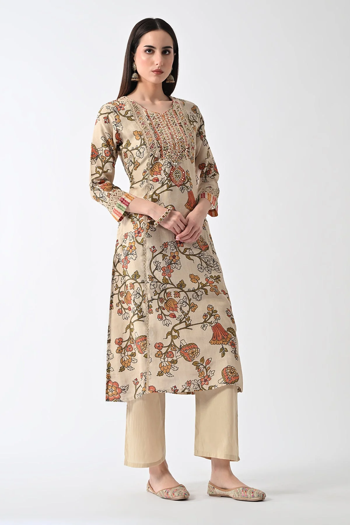 Beige Embellished Kurta 3 Pcs Set - Image 3