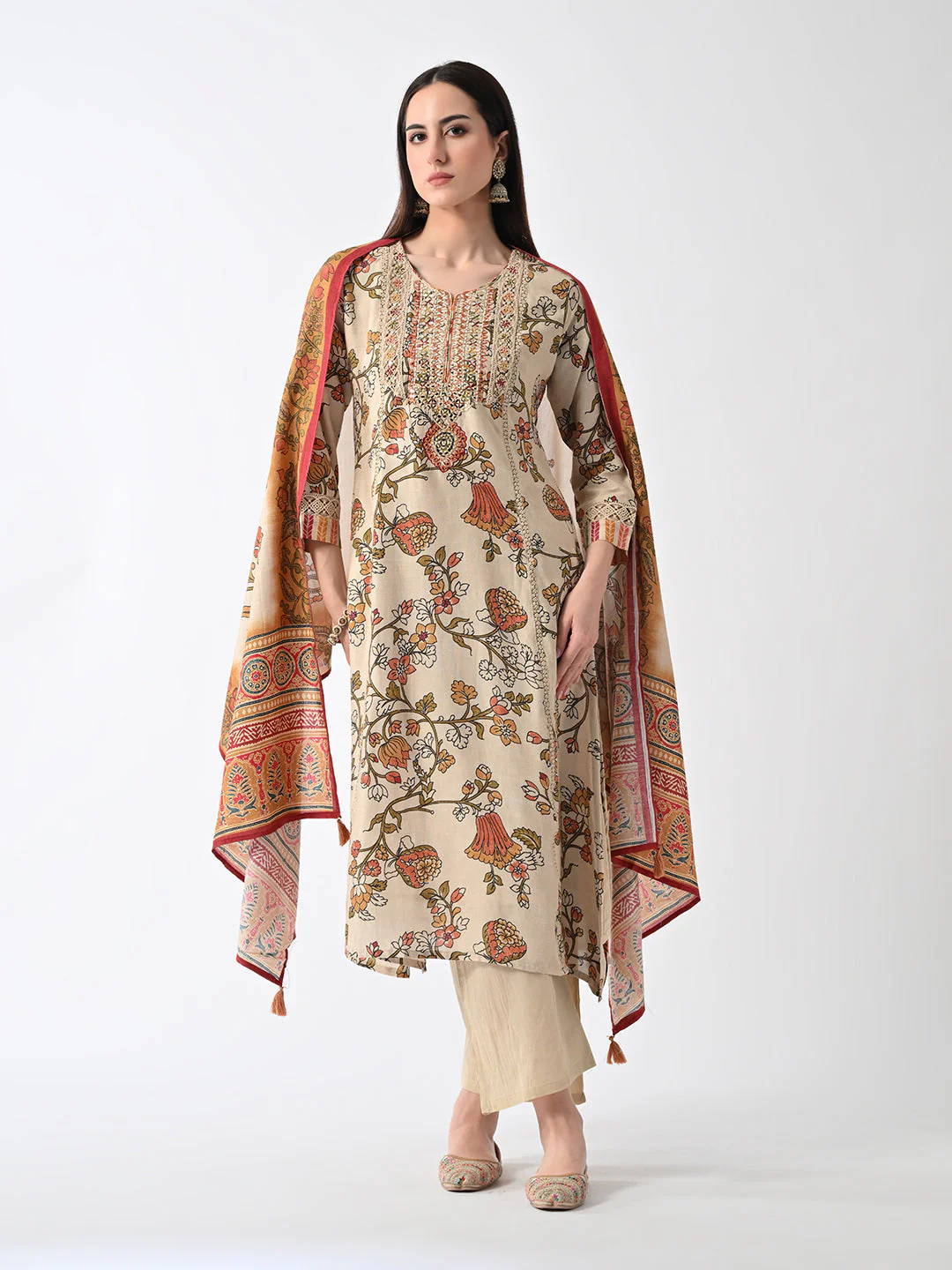 Beige Embellished Kurta 3 Pcs Set - Image 7