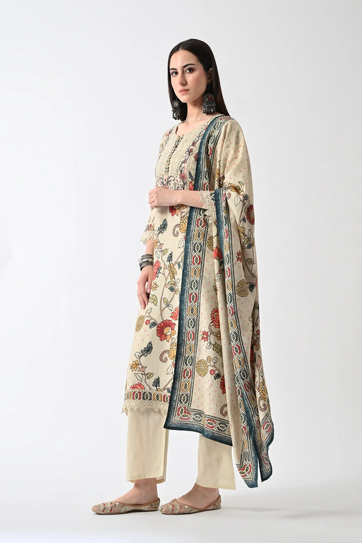 Beige Embellished Kurta 3 Pcs Set - Image 2