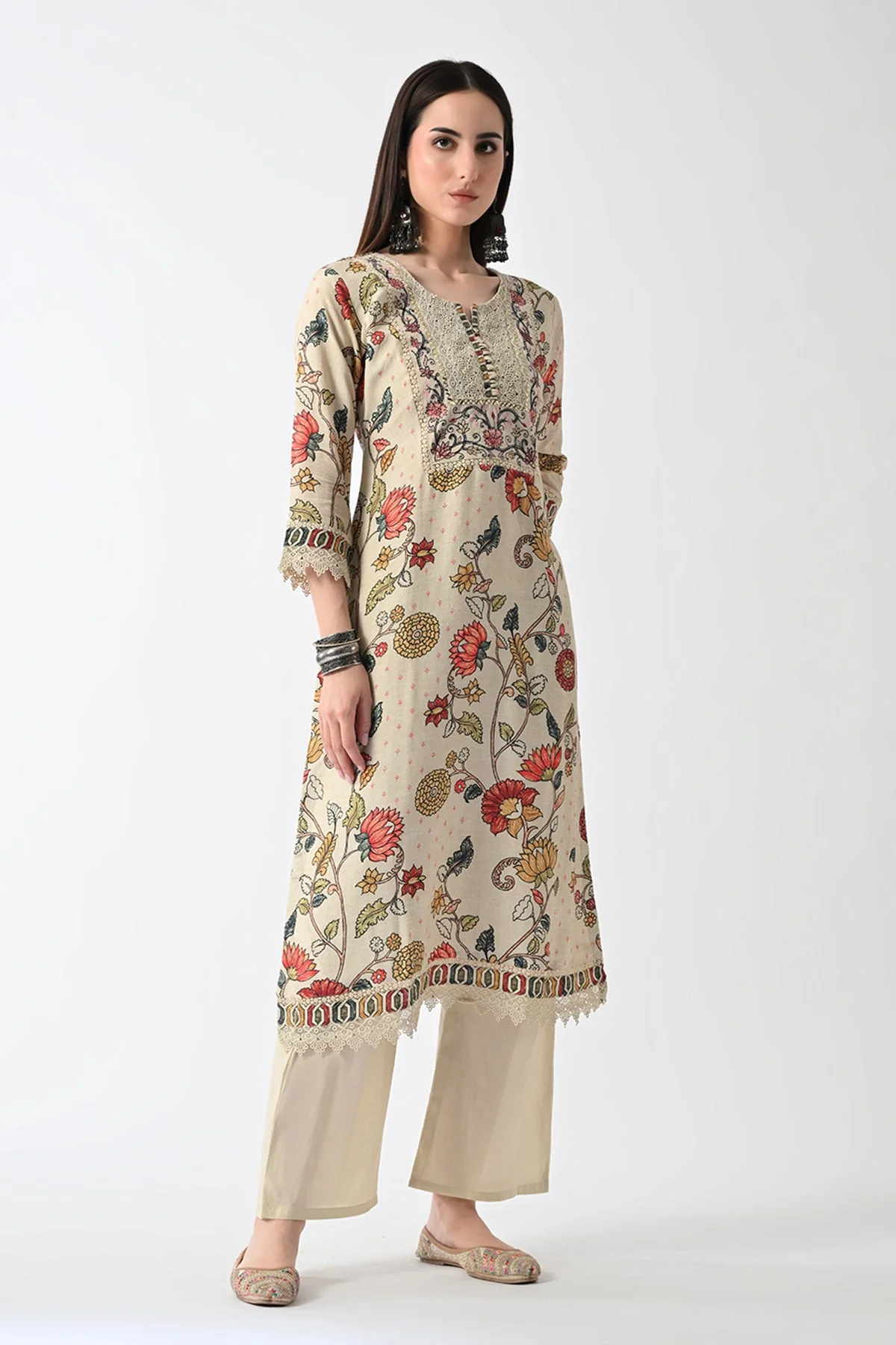 Beige Embellished Kurta 3 Pcs Set - Image 3