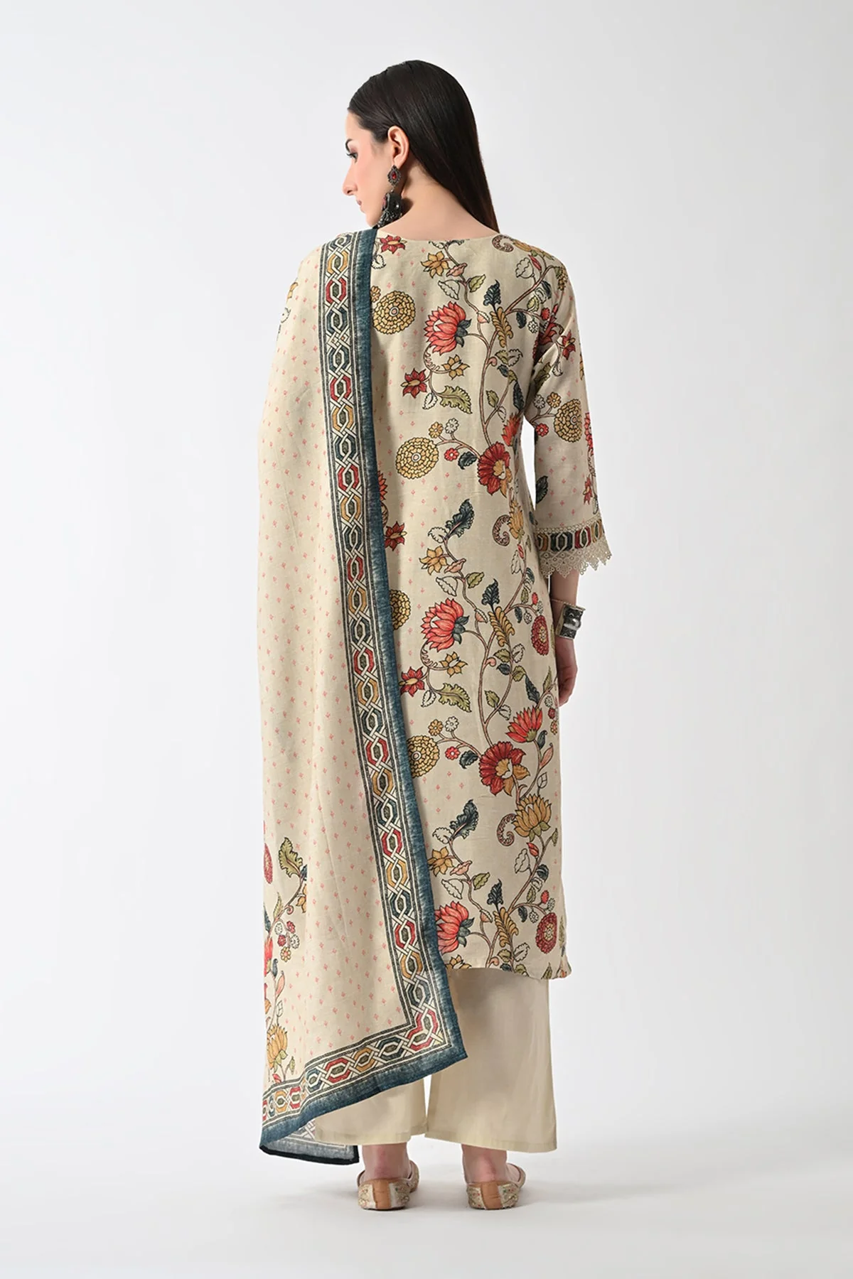 Beige Embellished Kurta 3 Pcs Set - Image 5