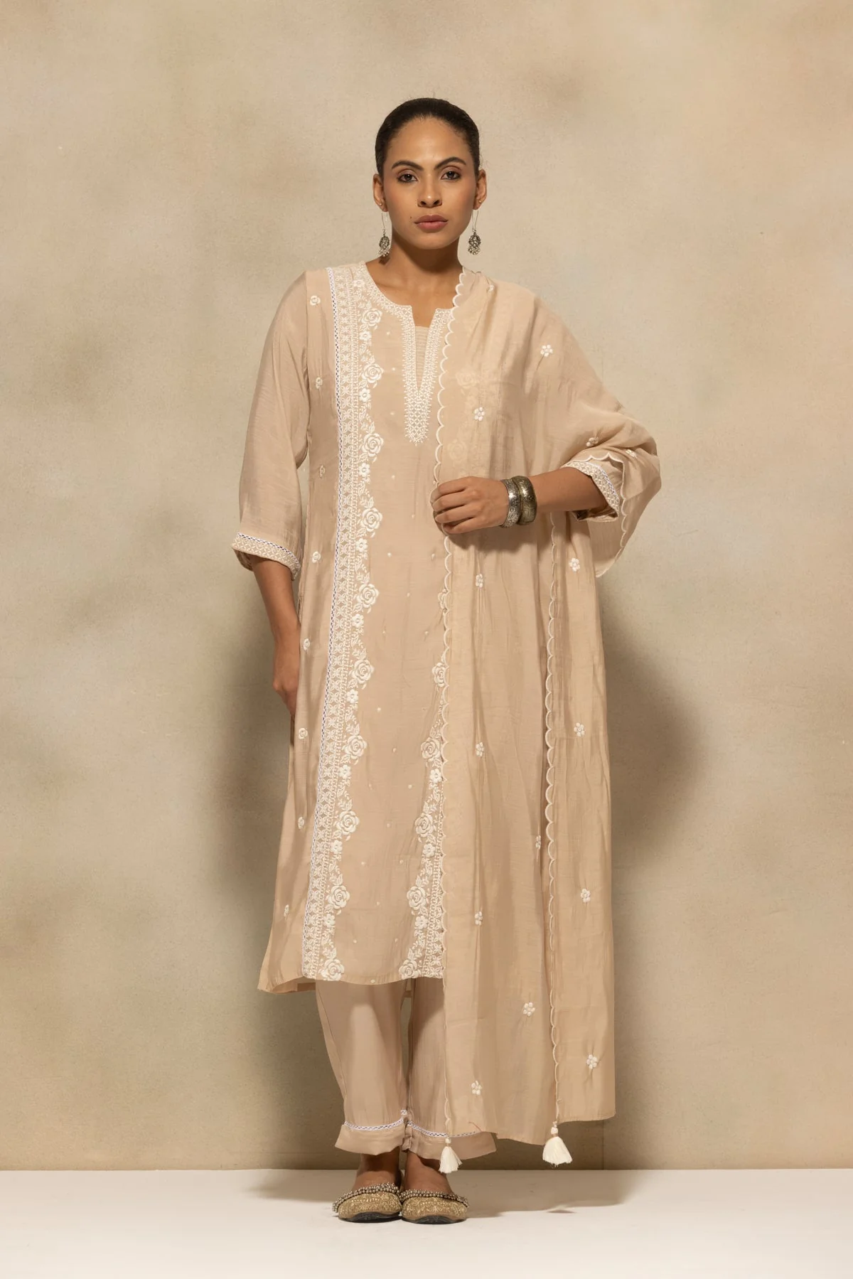Beige Embroidered Kurta 3 Pcs Set - Image 2