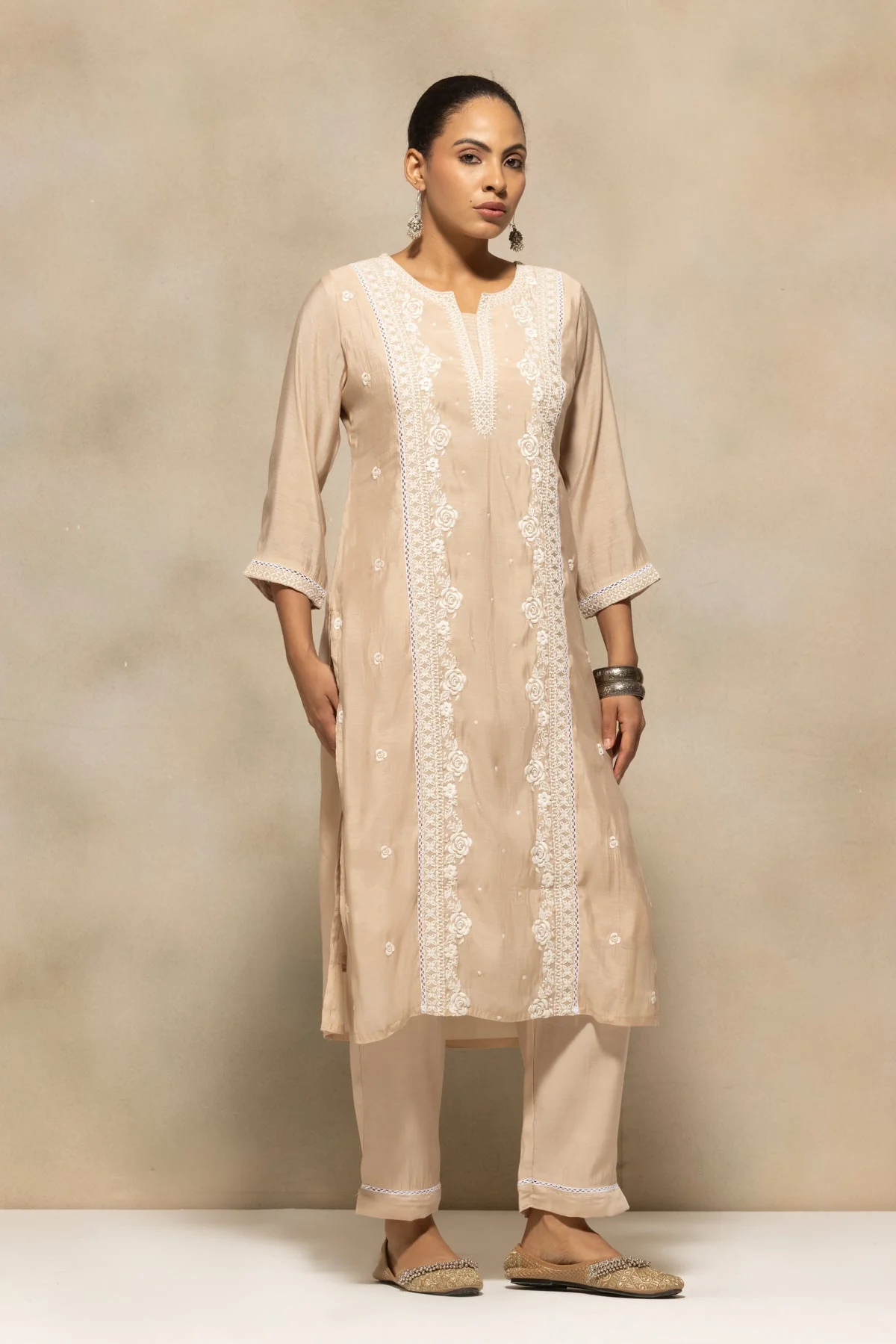 Beige Embroidered Kurta 3 Pcs Set - Image 3