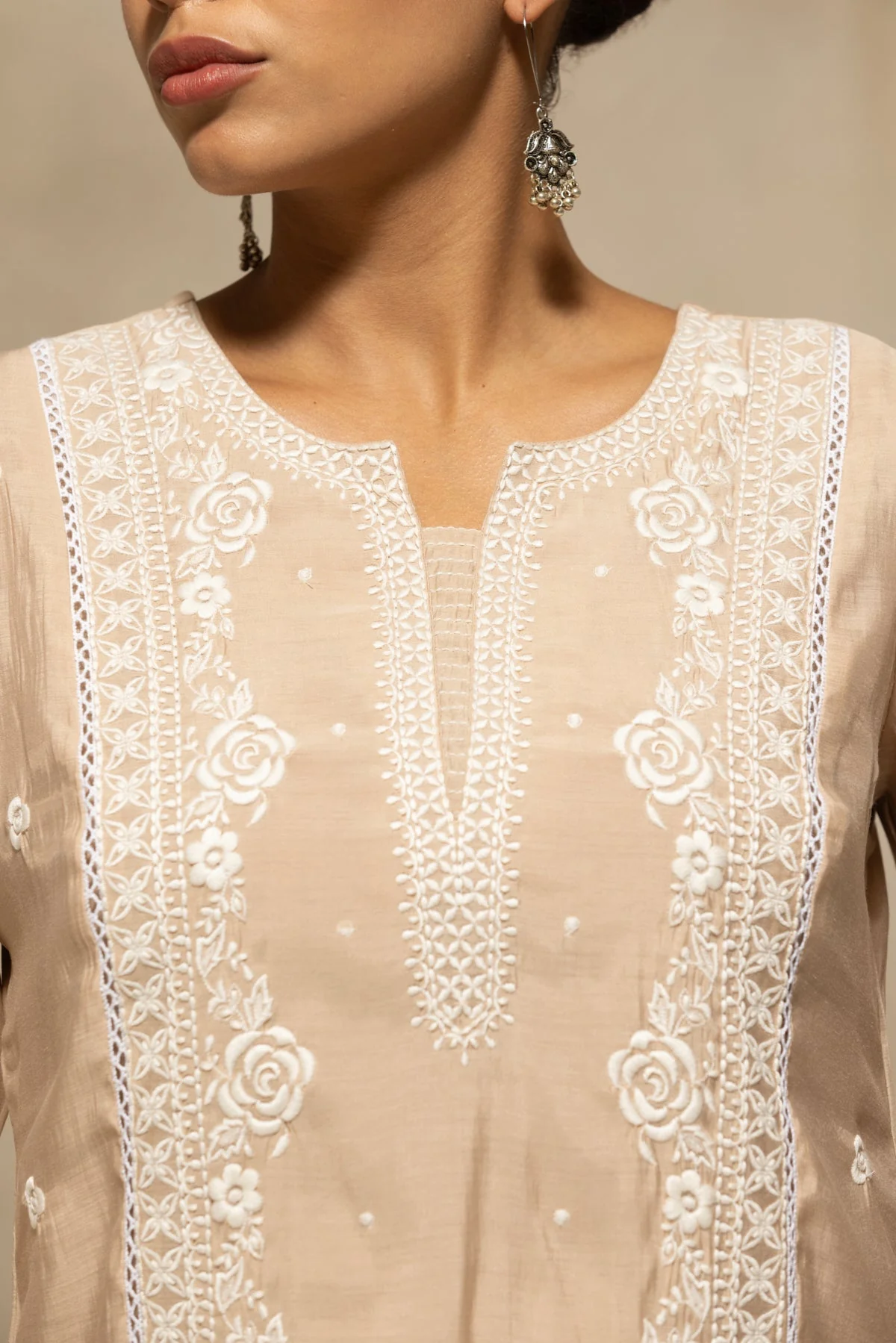 Beige Embroidered Kurta 3 Pcs Set - Image 4