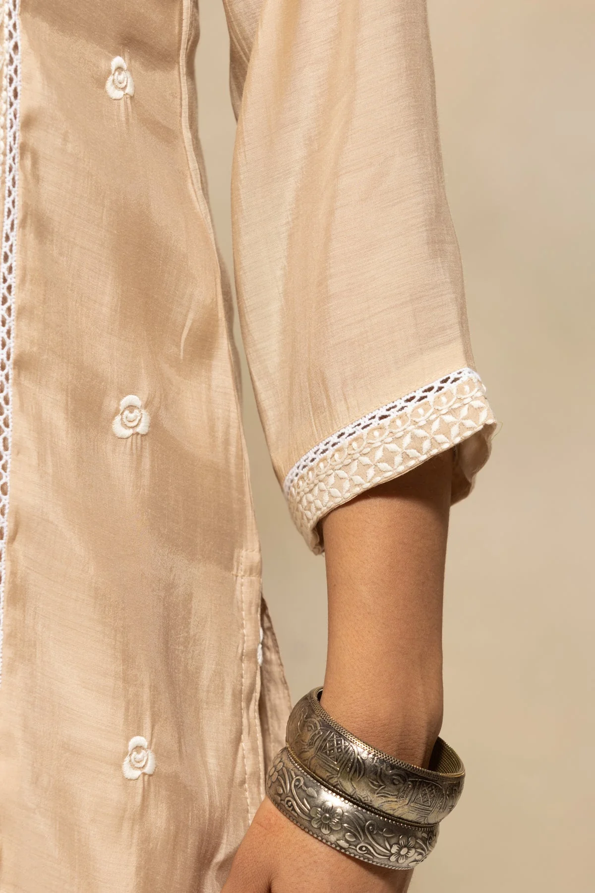 Beige Embroidered Kurta 3 Pcs Set - Image 7