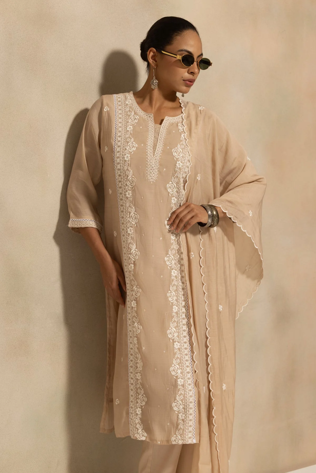 Beige Embroidered Kurta 3 Pcs Set - Image 8