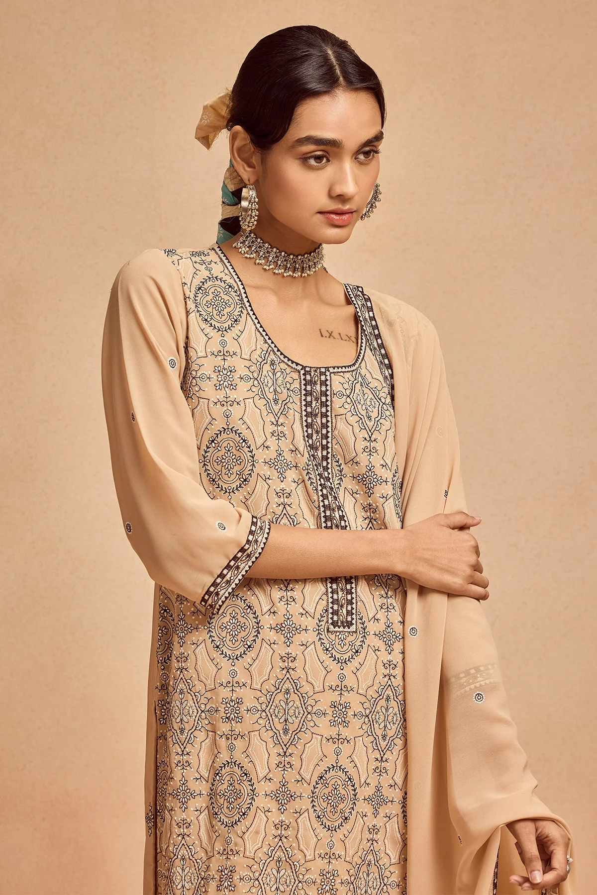 Beige Embroidered Kurta 3 Pcs Set - Image 3