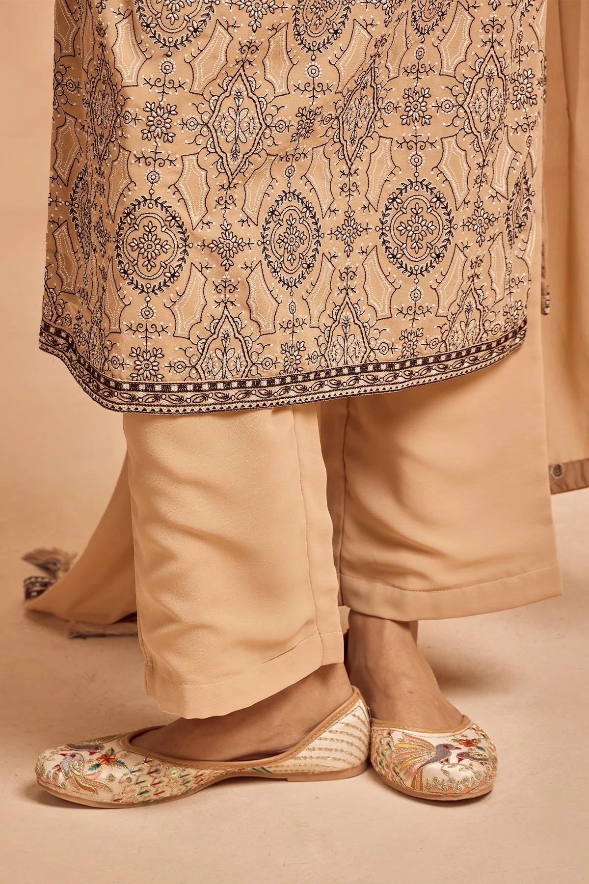 Beige Embroidered Kurta 3 Pcs Set - Image 4