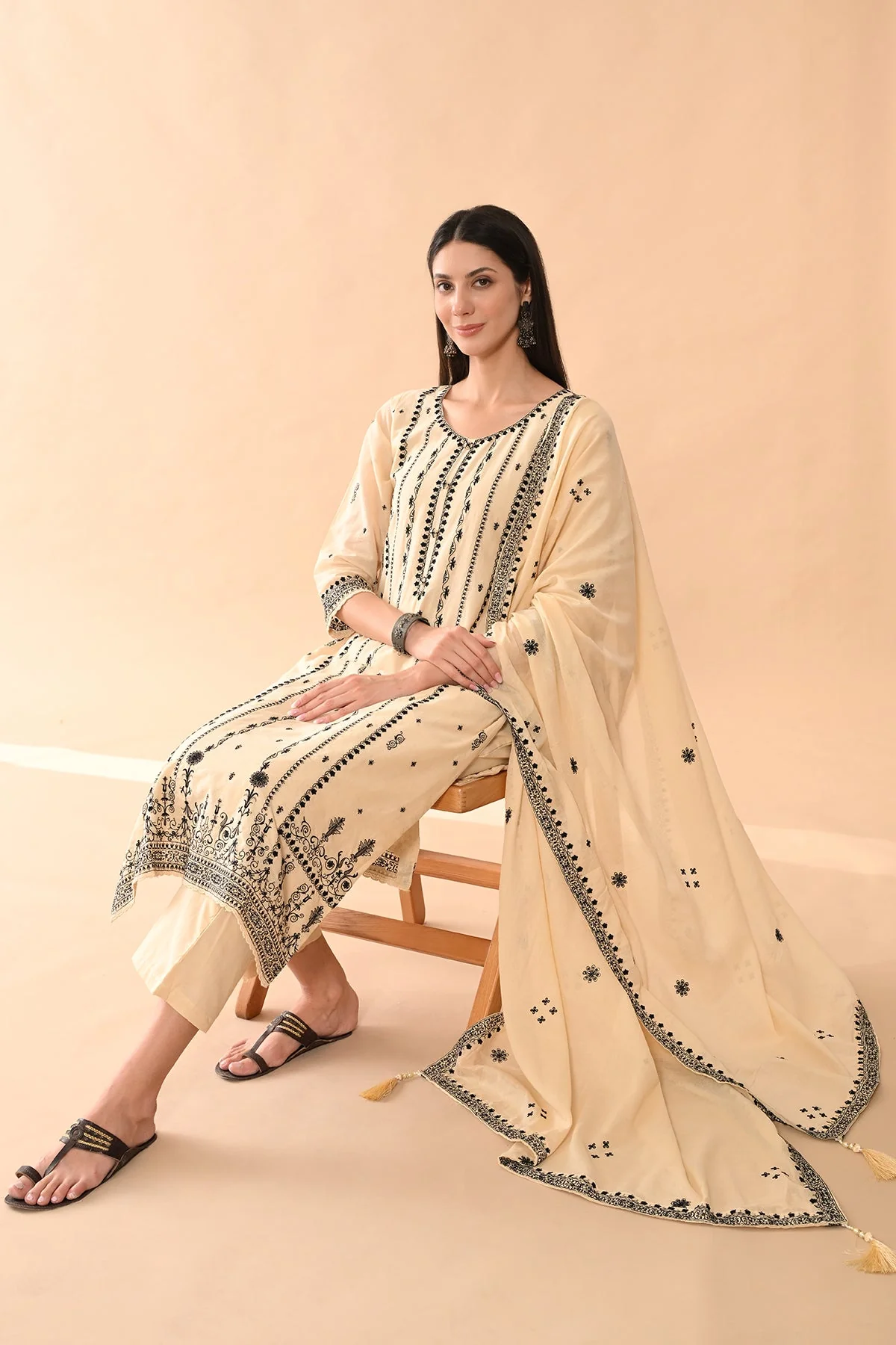 Beige Embroidered Kurta 3 Pcs Set