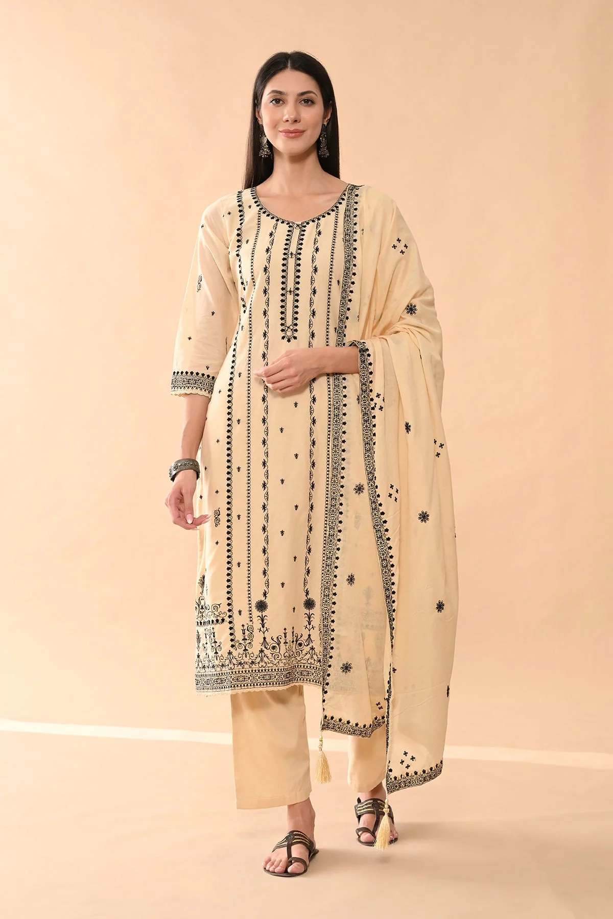 Beige Embroidered Kurta 3 Pcs Set - Image 2