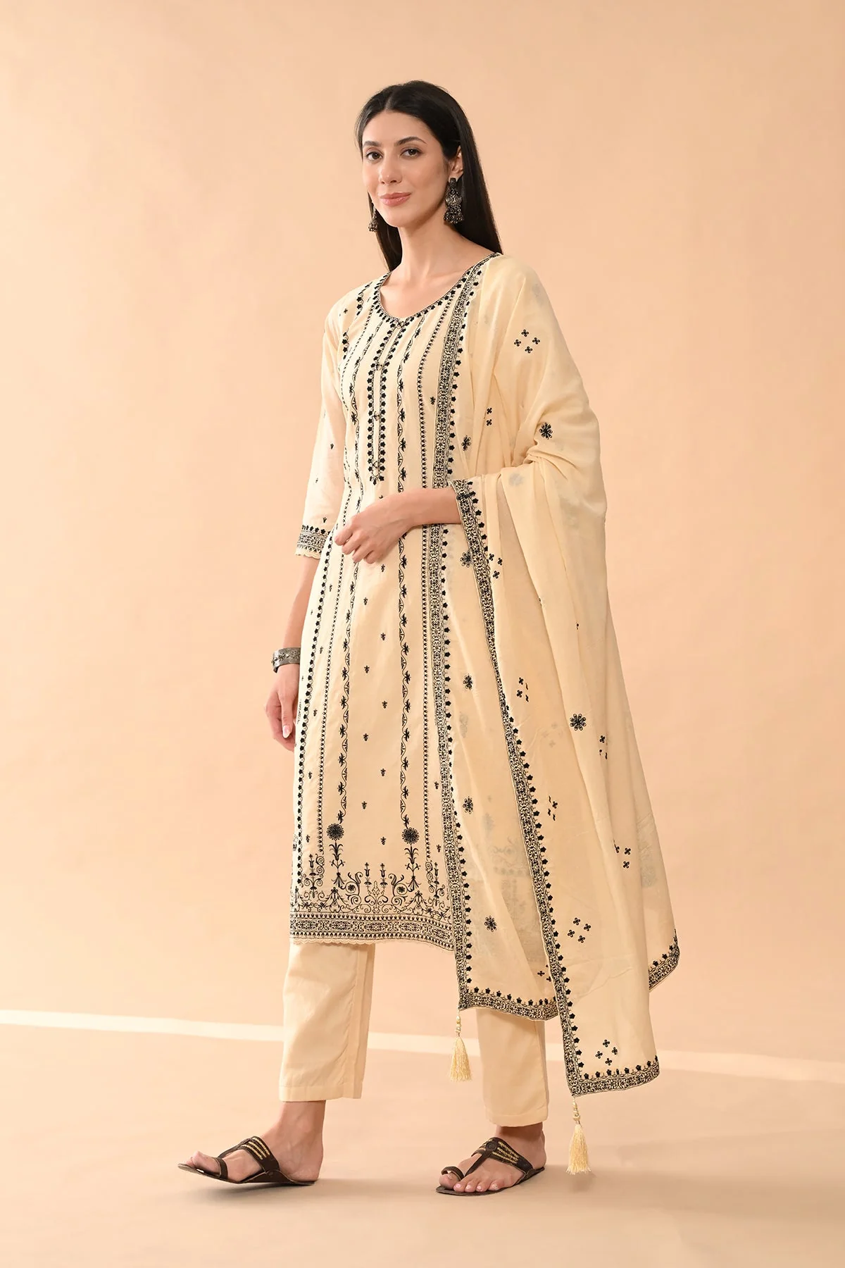 Beige Embroidered Kurta 3 Pcs Set - Image 4