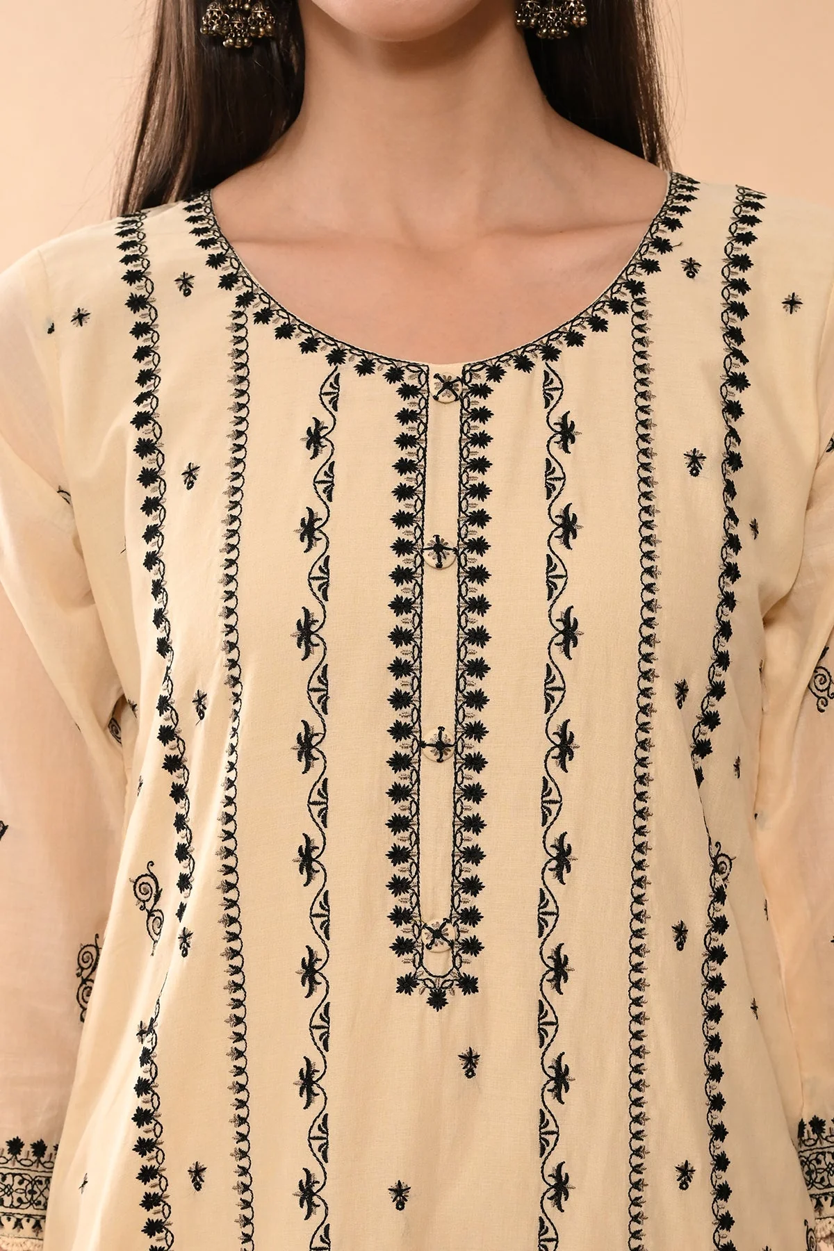 Beige Embroidered Kurta 3 Pcs Set - Image 6