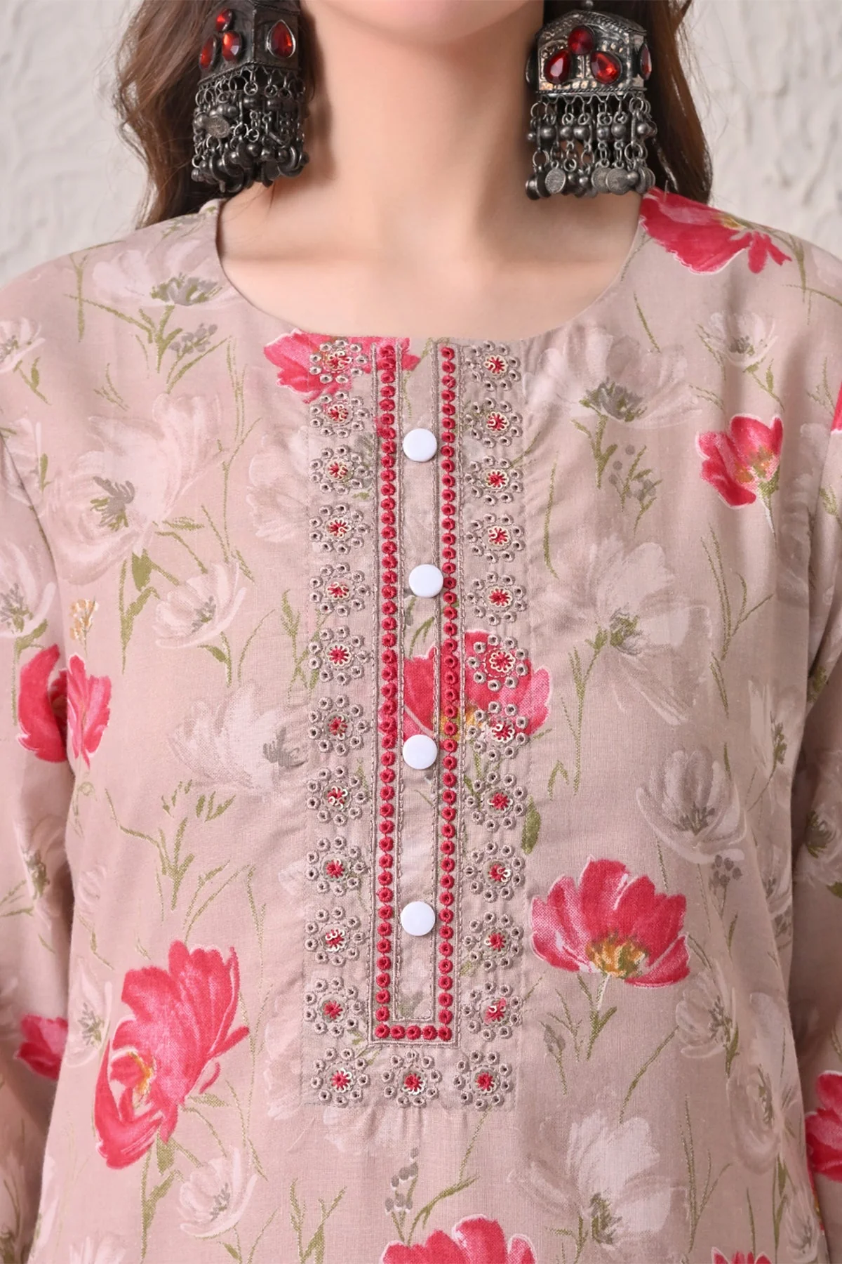 Beige Floral Printed Kurta 3 Pcs Set - Image 4