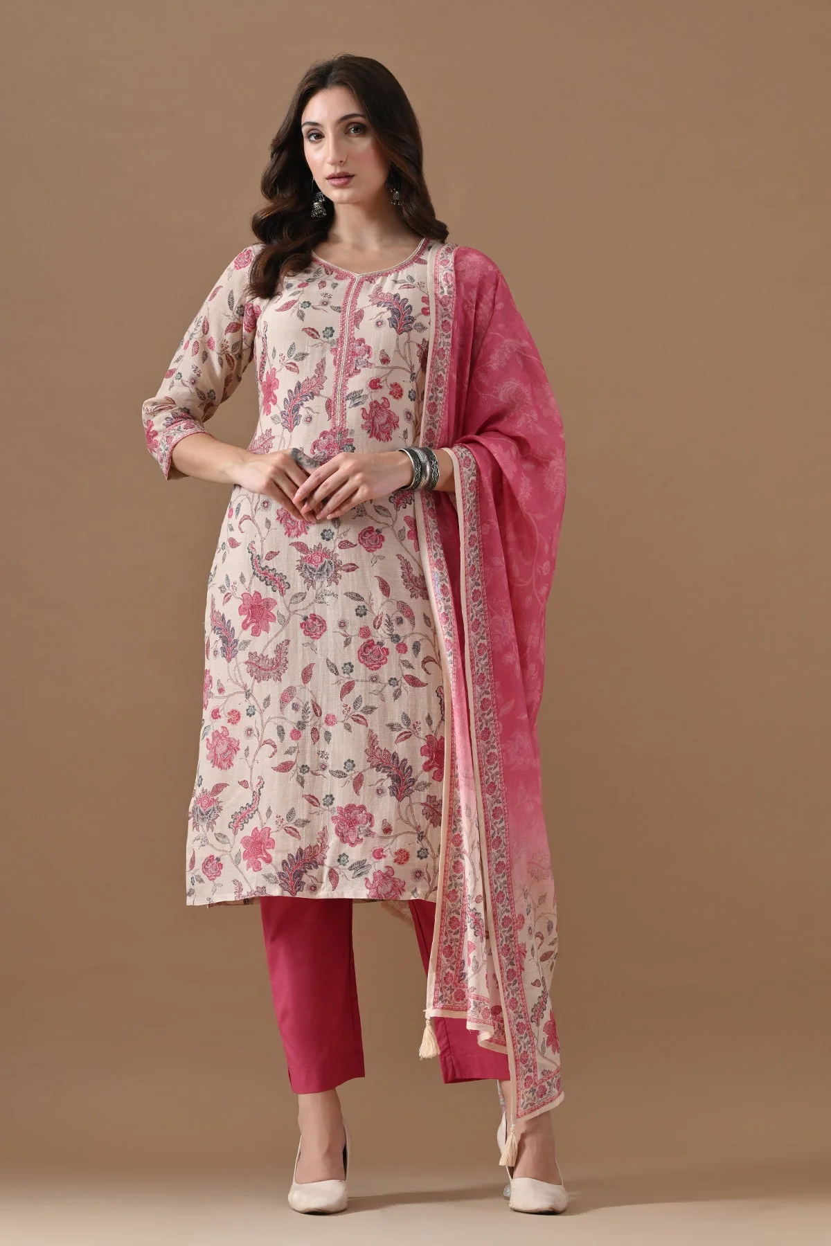 Beige Floral Printed Kurta 3 Pcs Set - Image 8