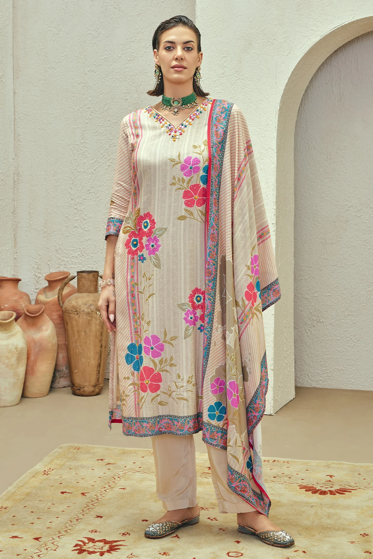 Beige Printed Embellished Kurta 3 Pcs Set