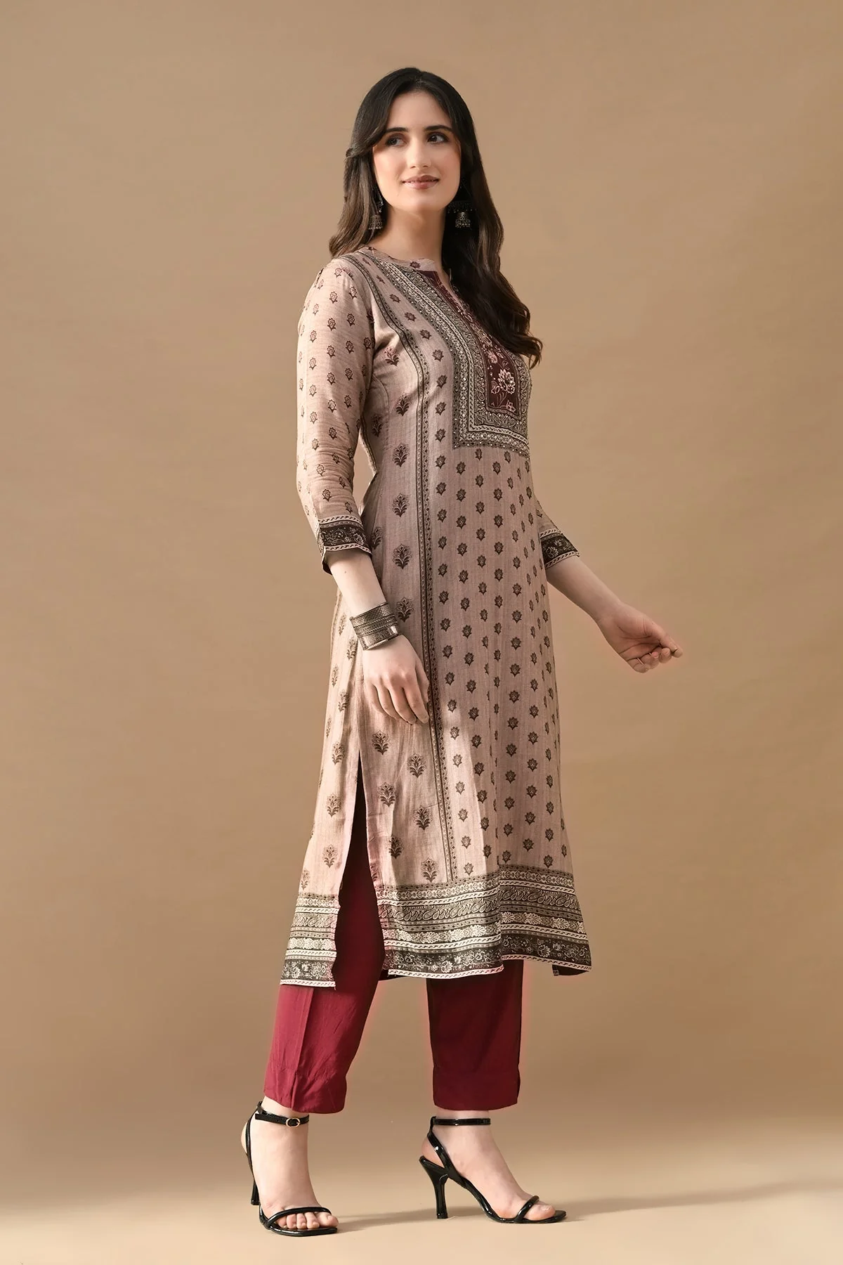 Beige Printed Kurta 3 Pcs Set - Image 3
