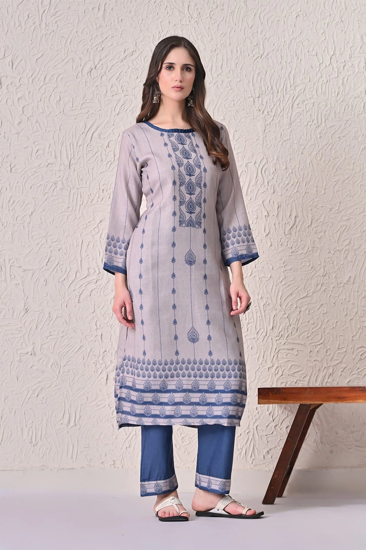 Beige Printed Kurta 3 Pcs Set - Image 3
