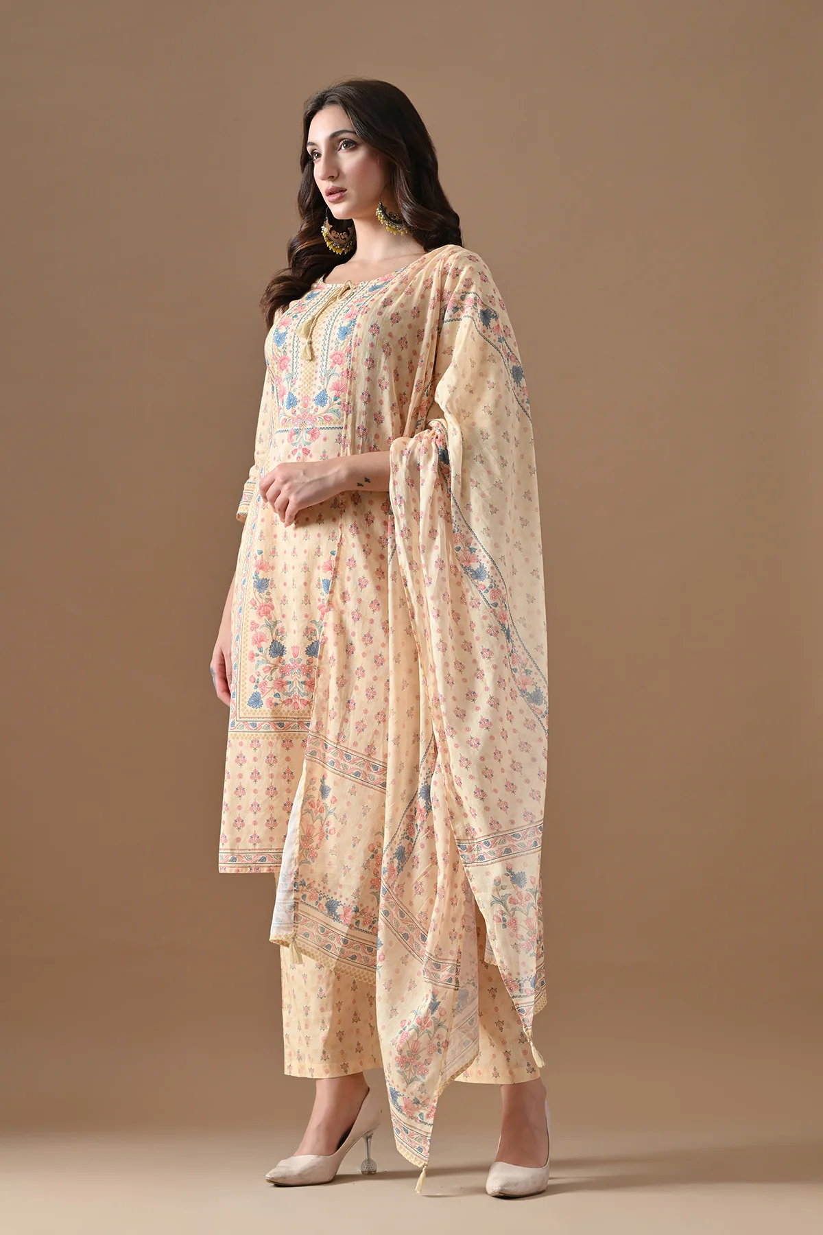 Beige Printed Kurta 3 Pcs Set - Image 2