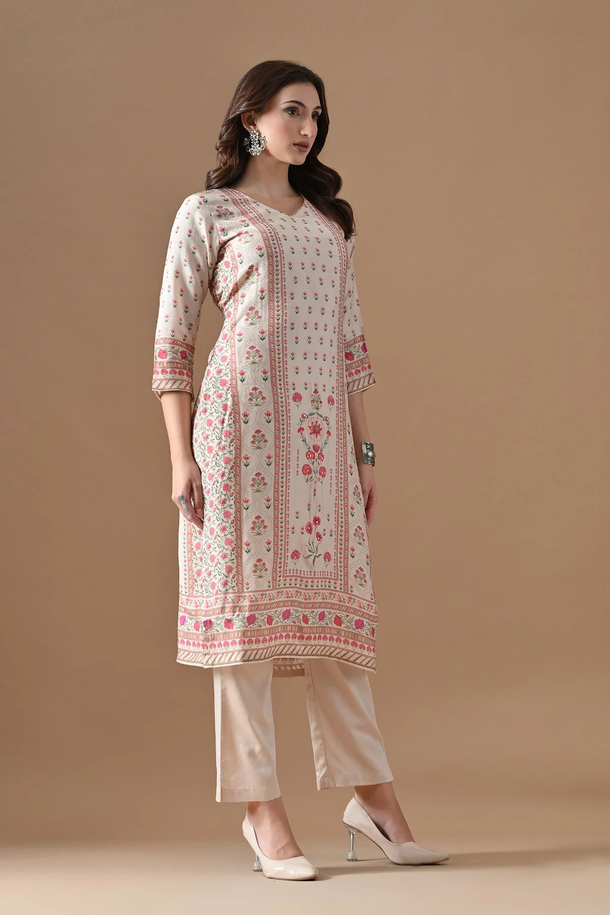Beige Printed Kurta 3 Pcs Set - Image 2