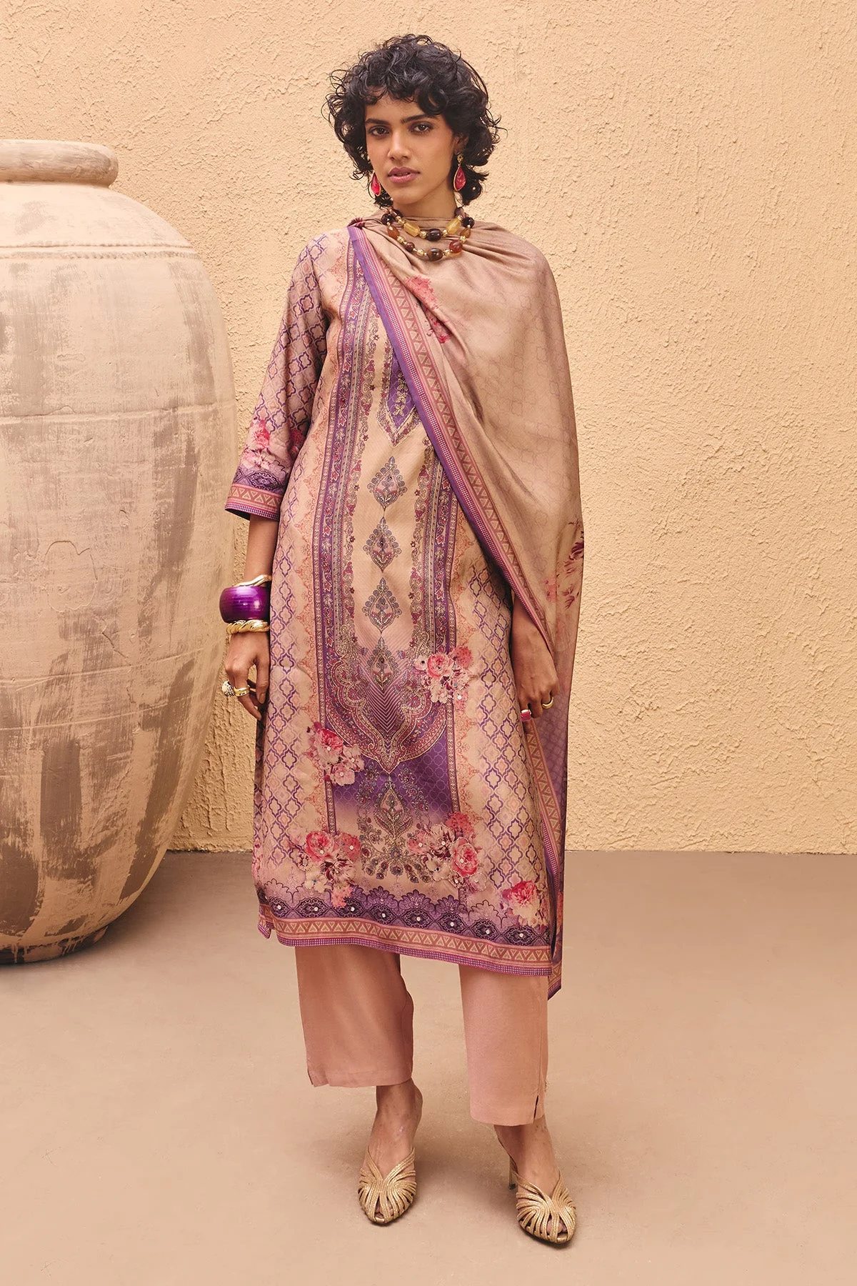 Beige Printed Kurta 3 Pcs Set - Image 2