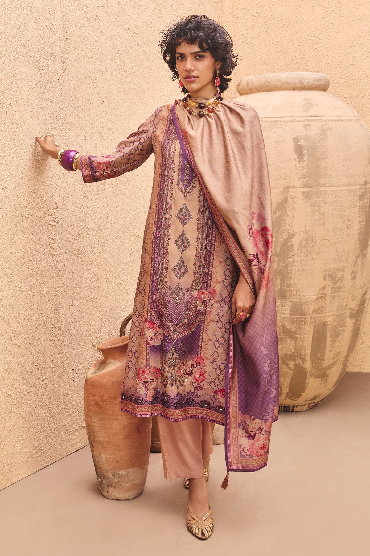Beige Printed Kurta 3 Pcs Set - Image 3