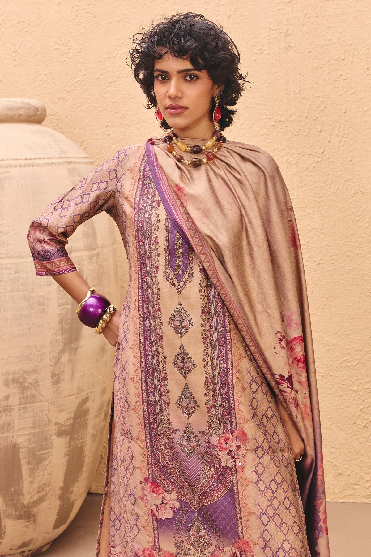 Beige Printed Kurta 3 Pcs Set - Image 4
