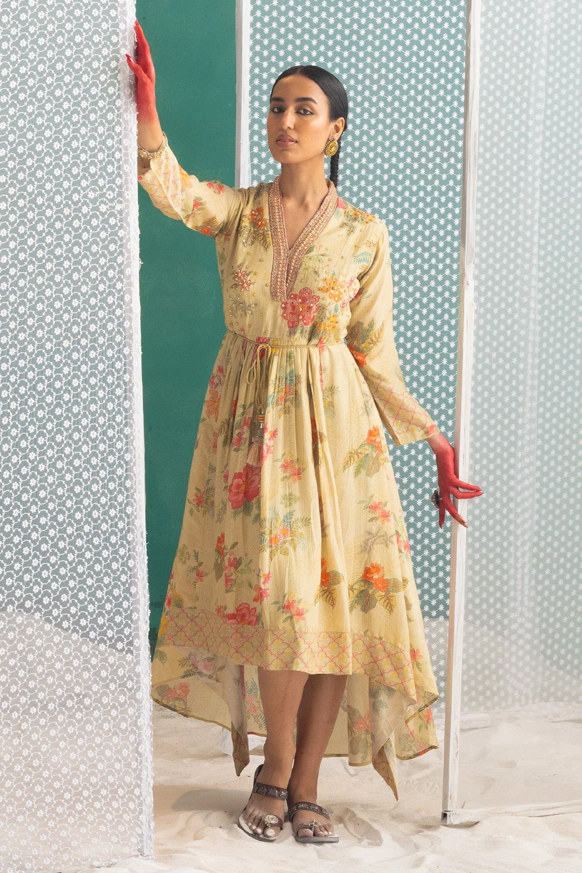 Beige Yoke Embellished Dress - Image 3