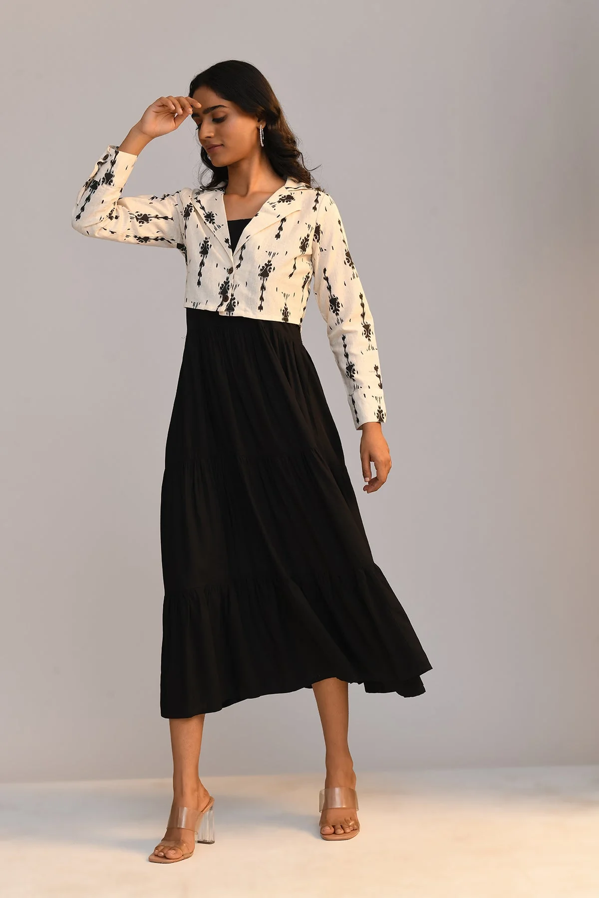 Black Dress With Cream Printed Jacket - Image 3