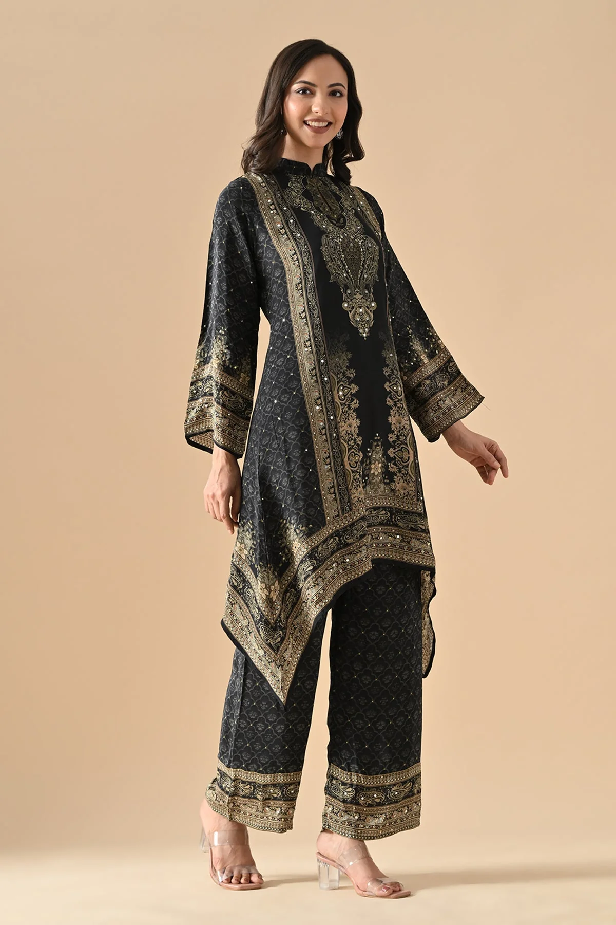 Black Embellished Kurta 3 Pcs Set - Image 3
