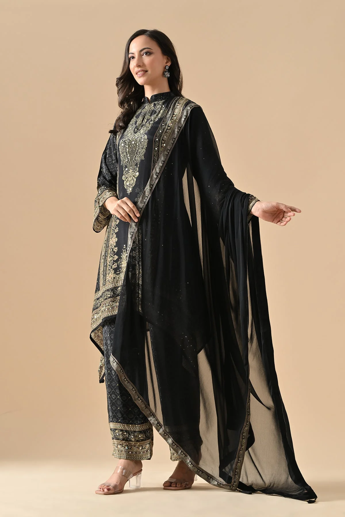 Black Embellished Kurta 3 Pcs Set - Image 4