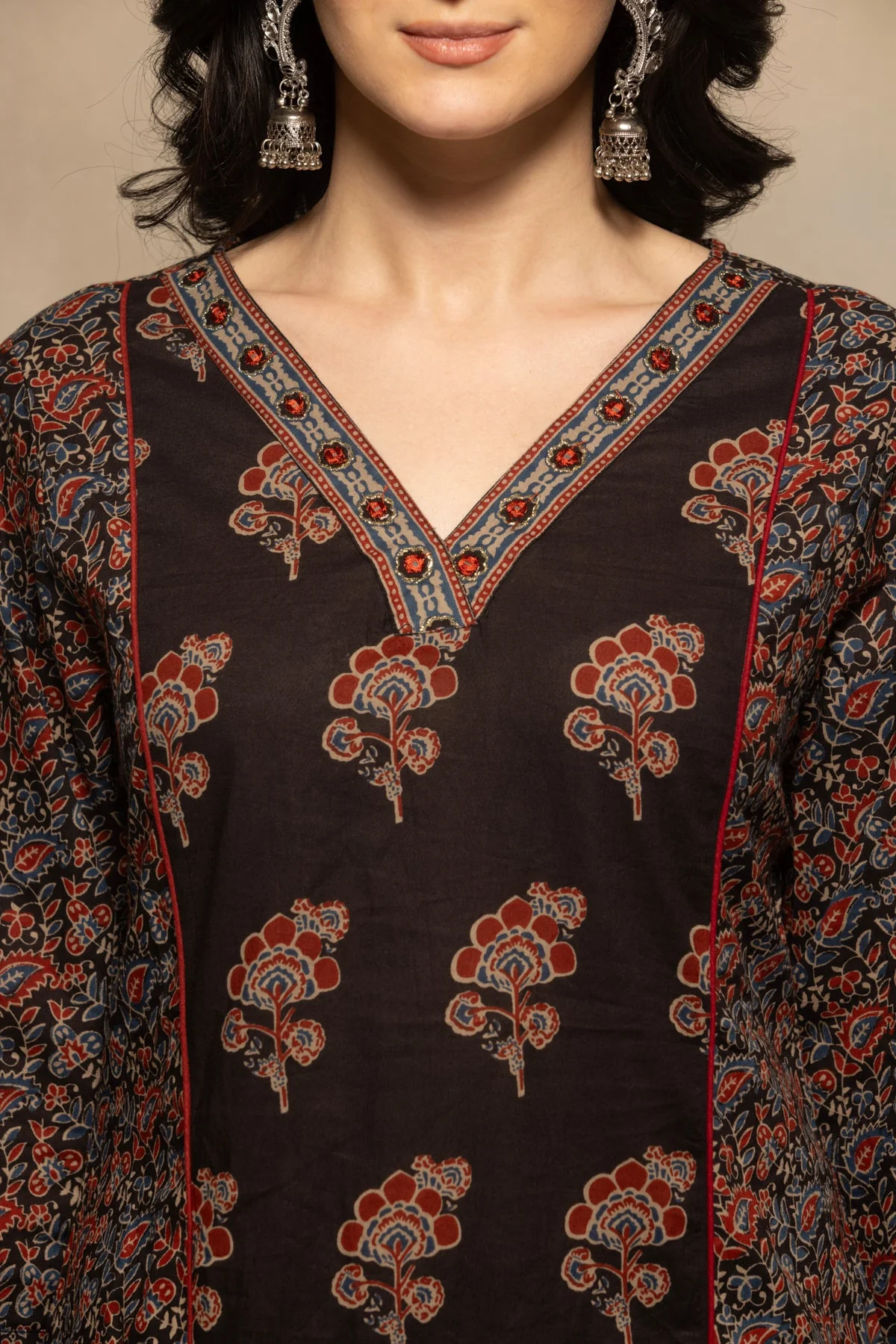Black Floral Printed Kurta 3 Pcs Set - Image 2