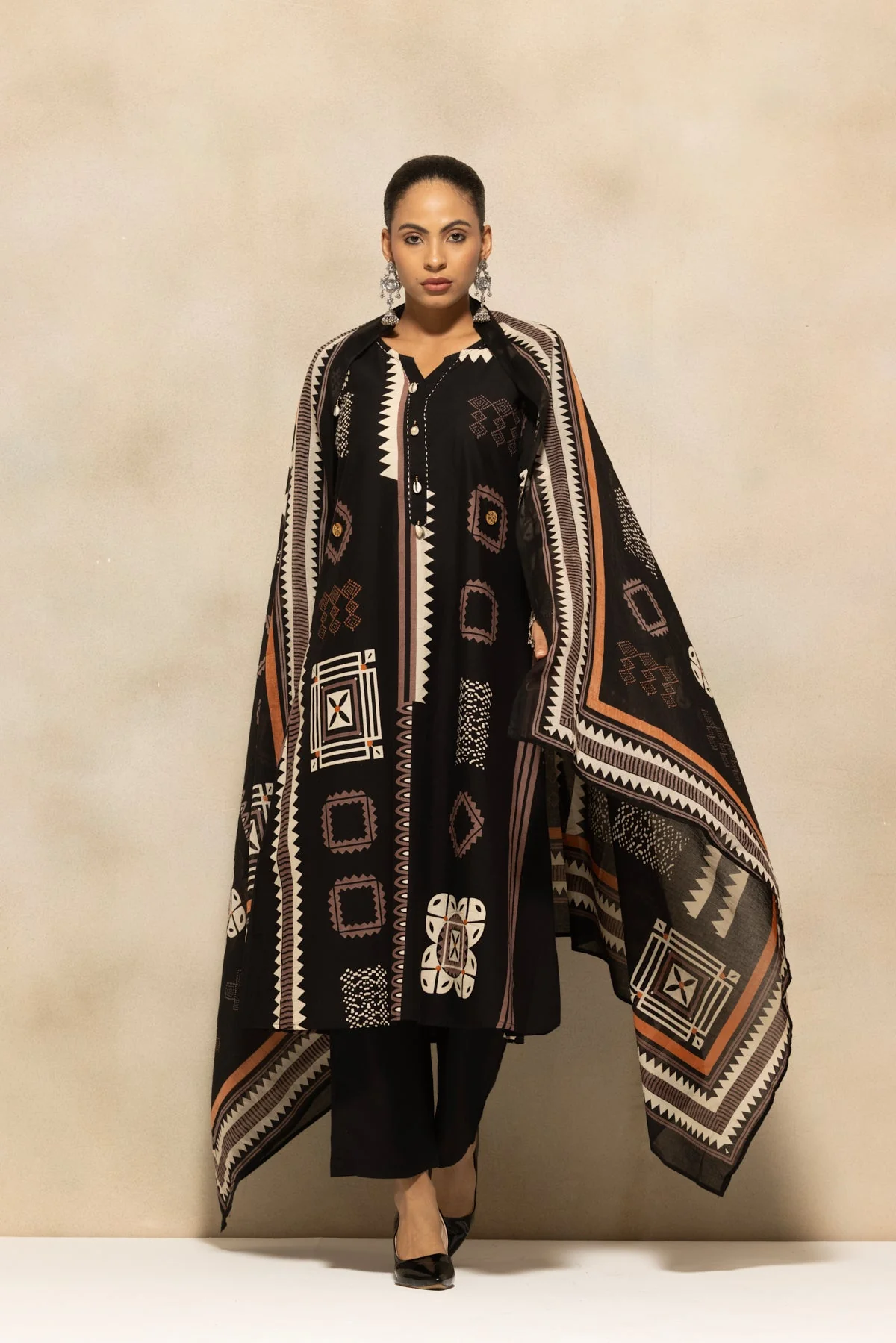 Black Printed A-line Kurta 3 Pcs Set - Image 6