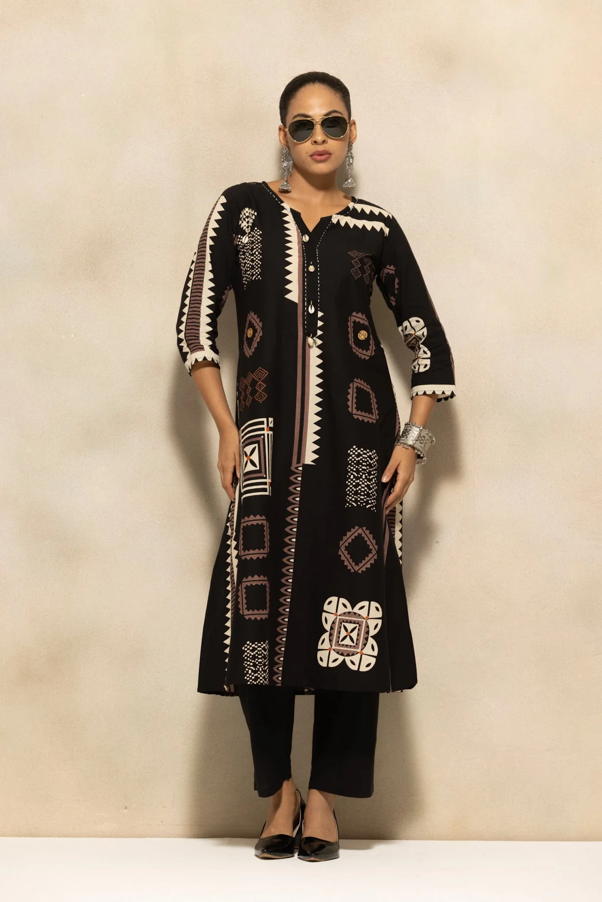 Black Printed A-line Kurta 3 Pcs Set - Image 8