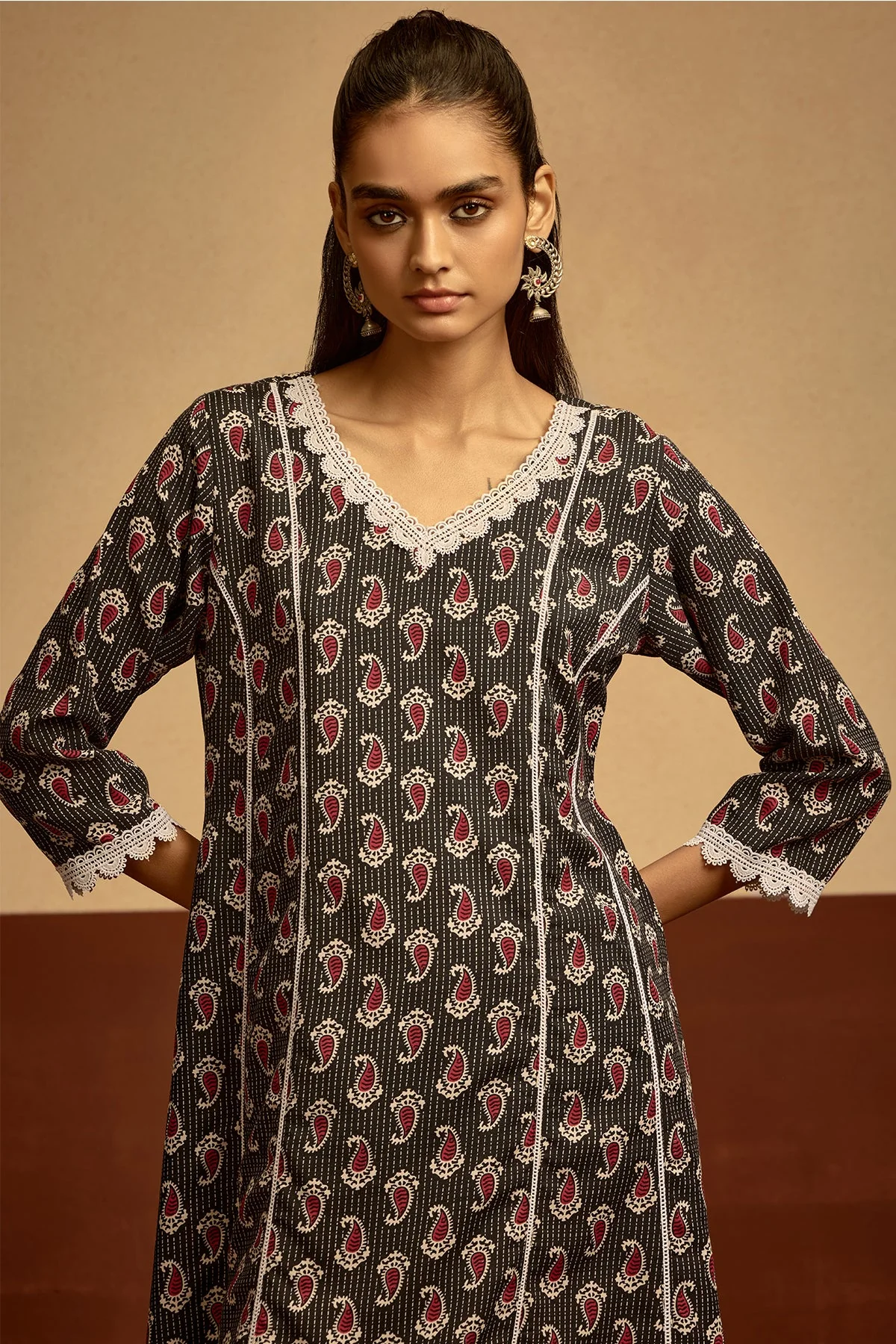 Black Printed A-line Kurta - Image 3