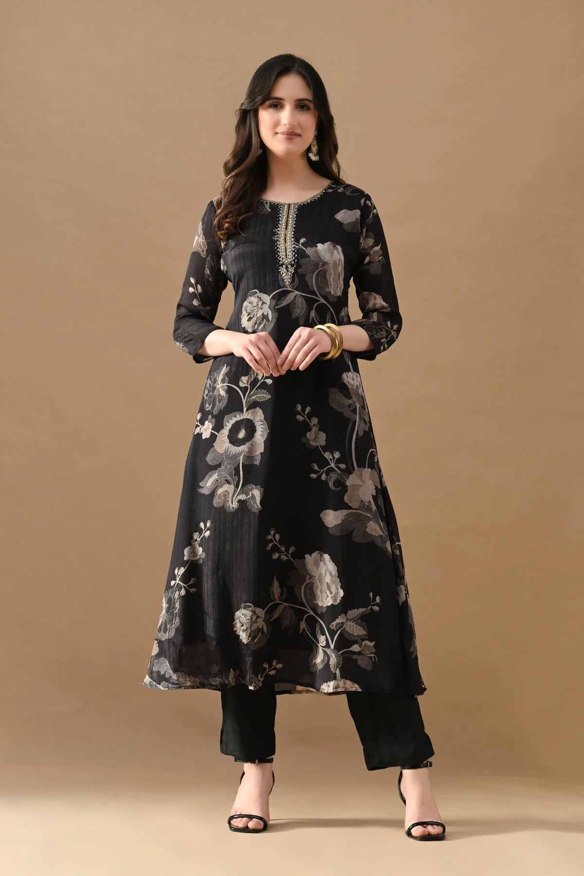 Black Printed A-Line Kurta 2 Pcs Set