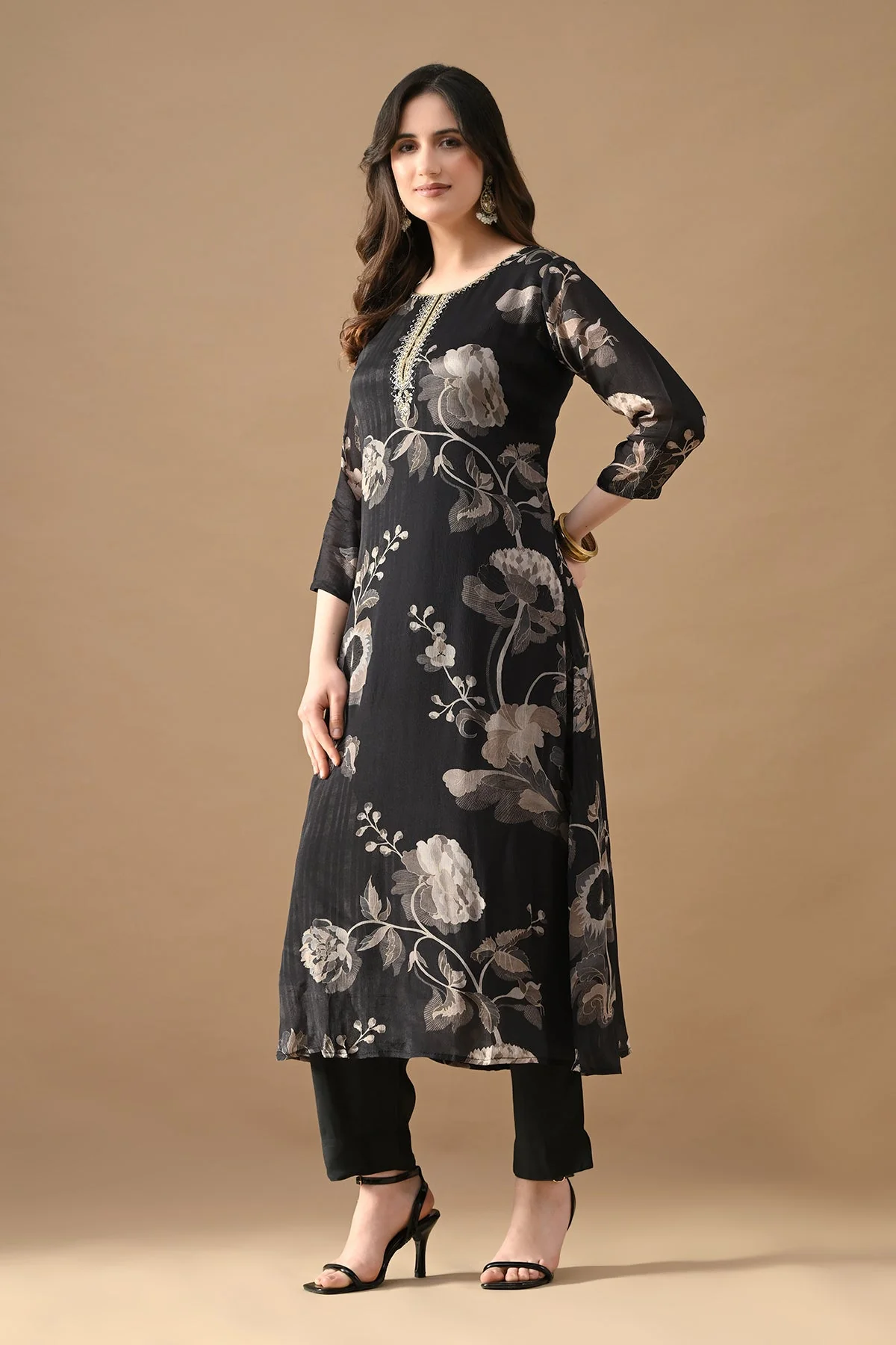 Black Printed A-Line Kurta 2 Pcs Set - Image 3