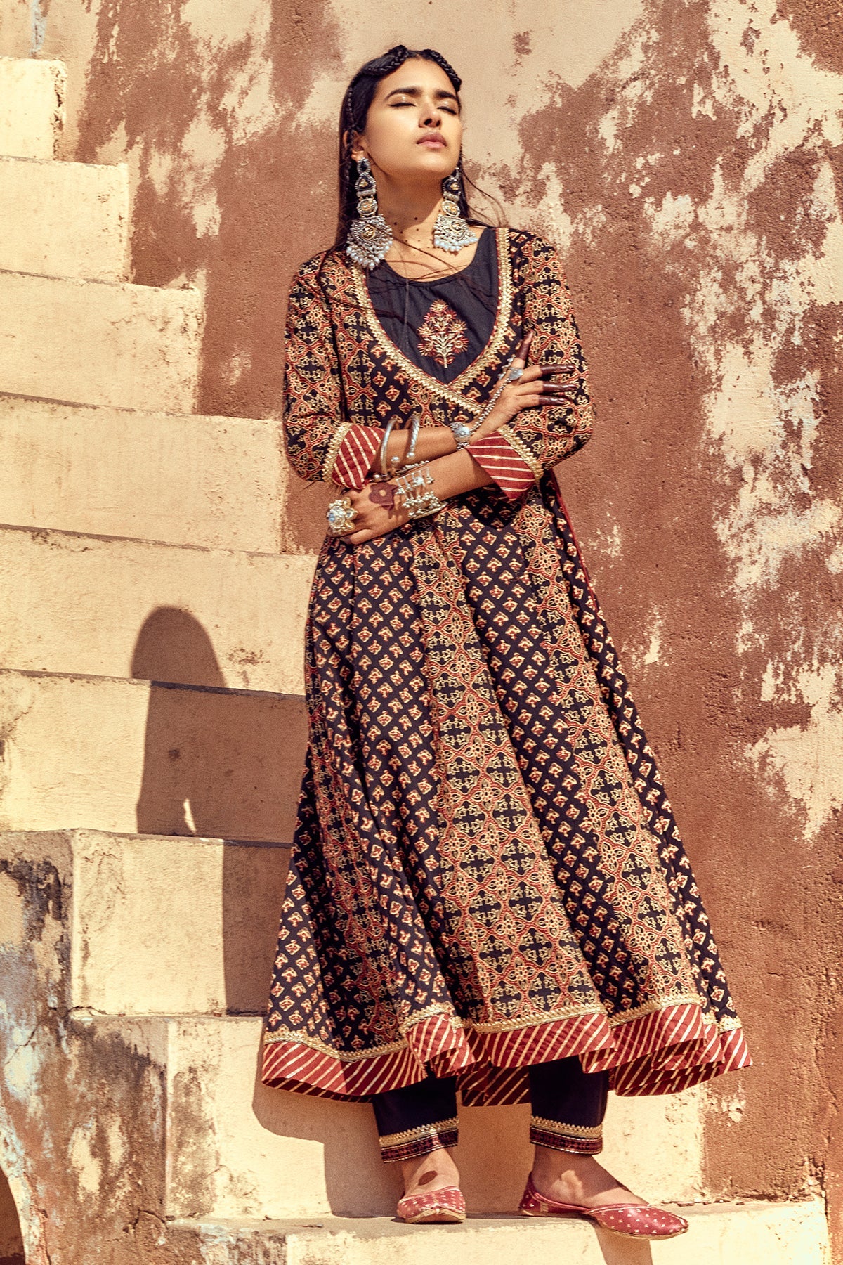 Black Printed Flared Dress with Dupatta - Image 2