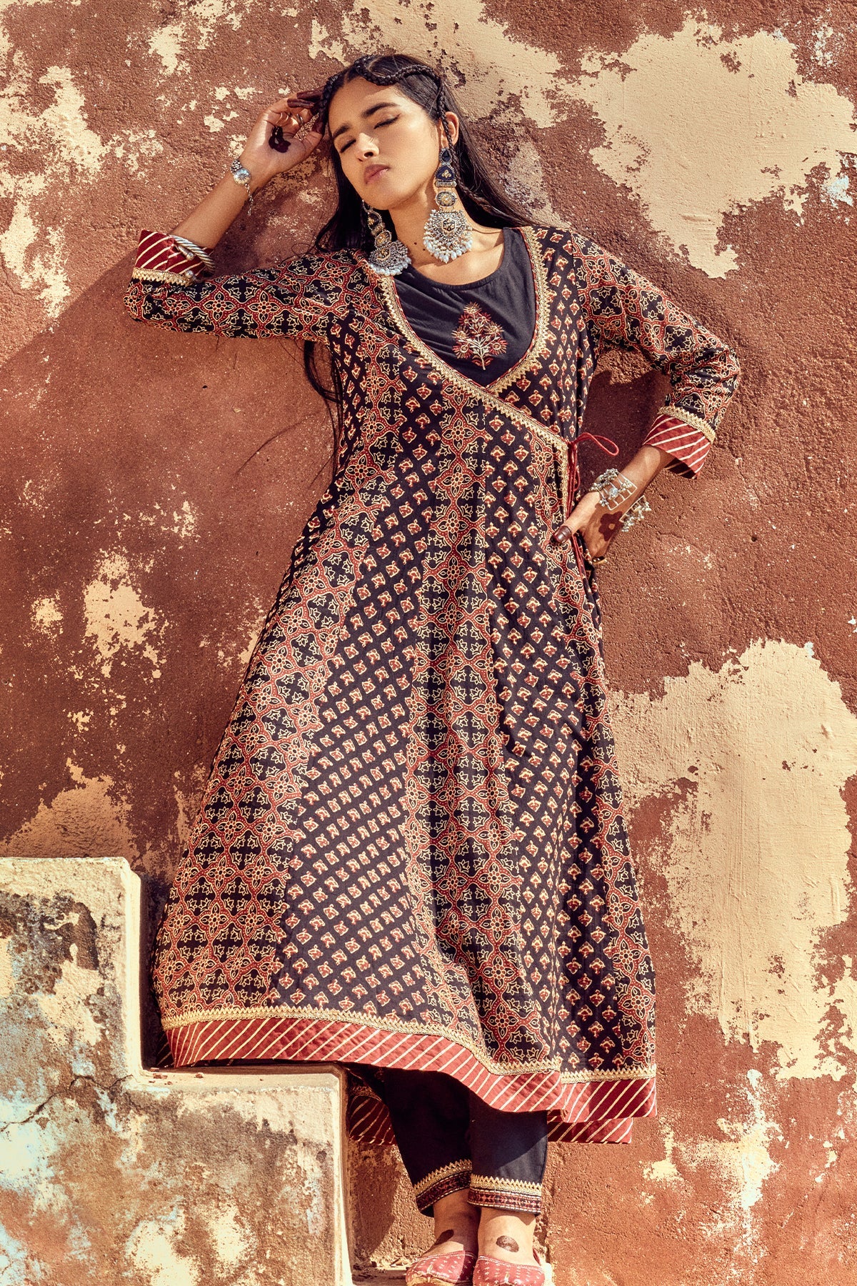 Black Printed Flared Dress with Dupatta - Image 3