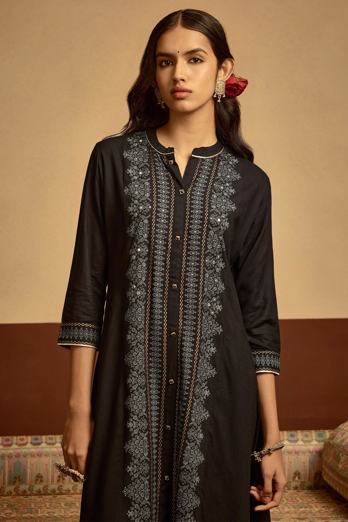 Black Printed Kurta 2 Pcs Set - Image 3