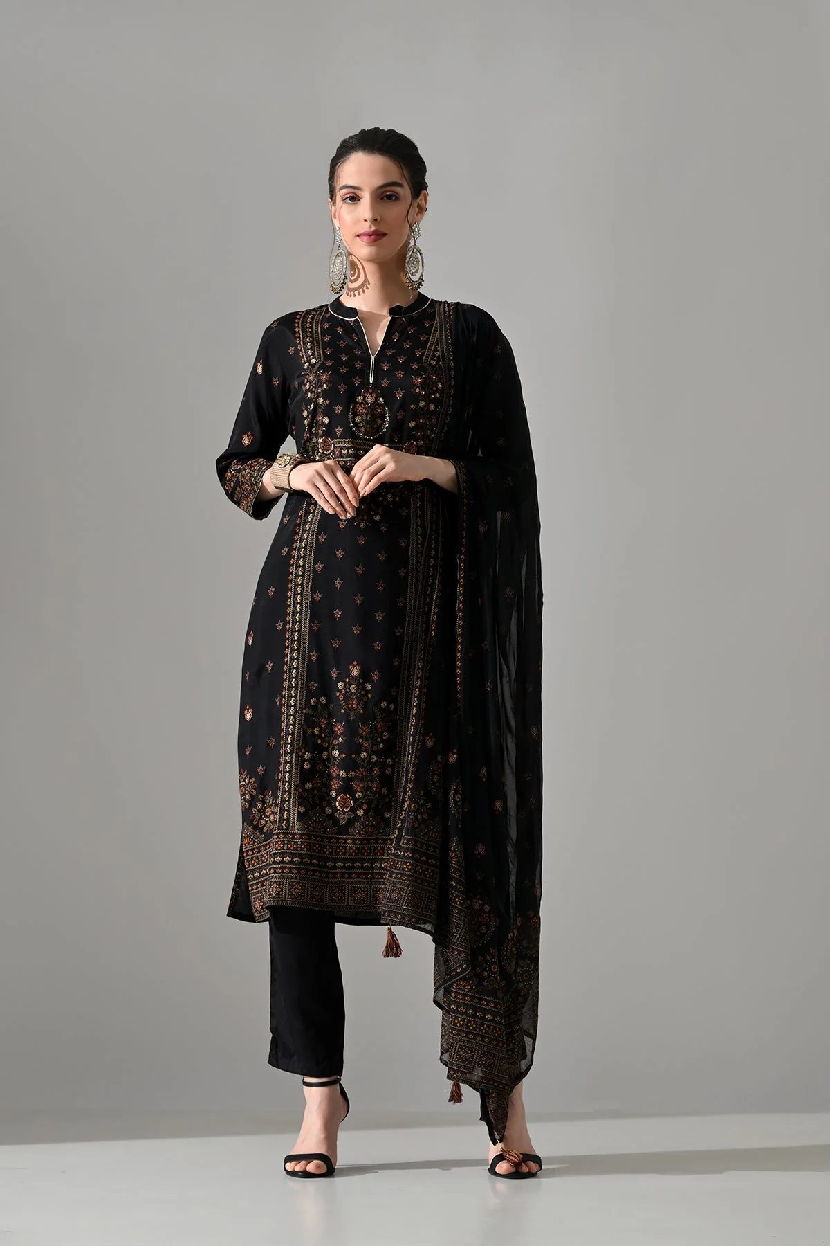 Black Printed Kurta 3 Pcs Set