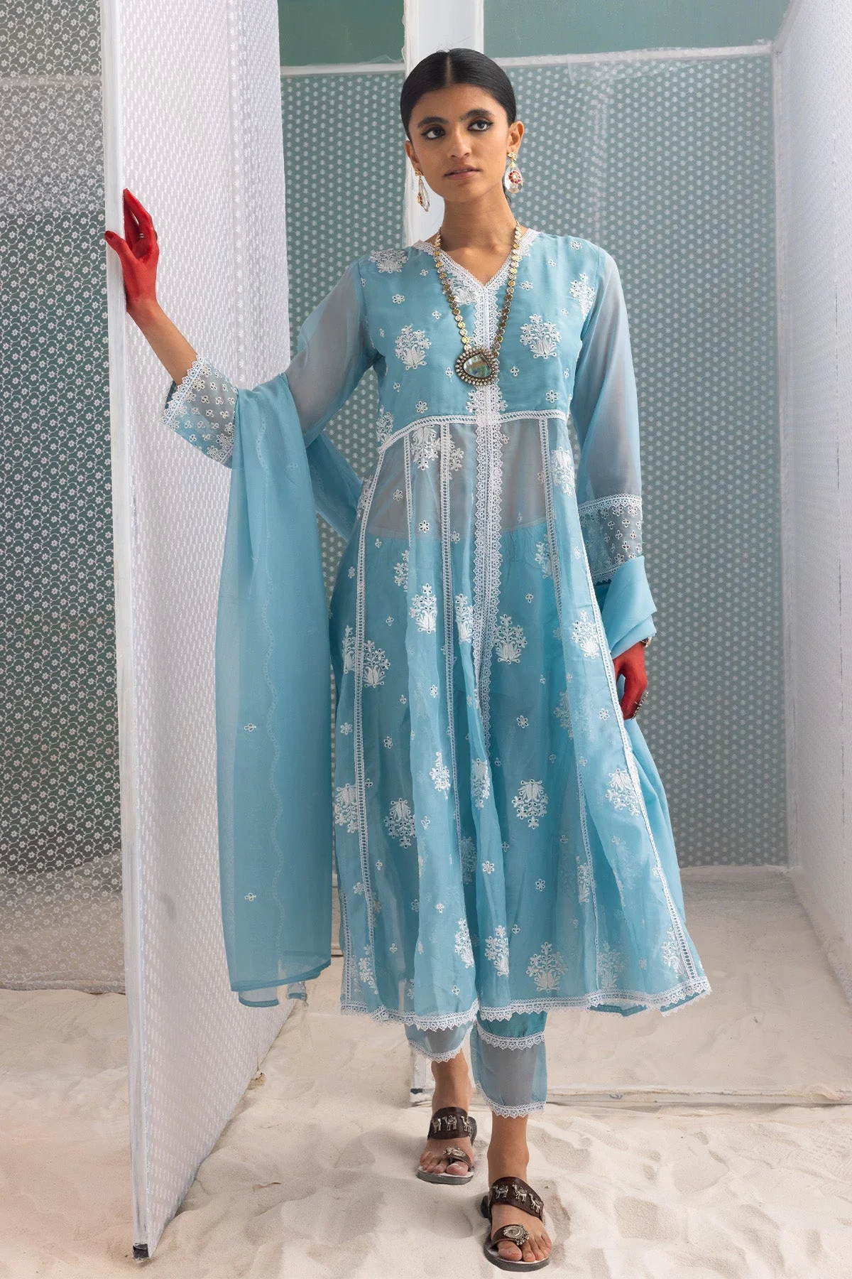 Blue Chikankari Flared Kurta 3 Pcs Set